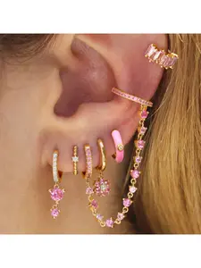 Women's Fashion Pink Earring Set, Stackable Helix Studs & Hoop Earrings with Premium Texture