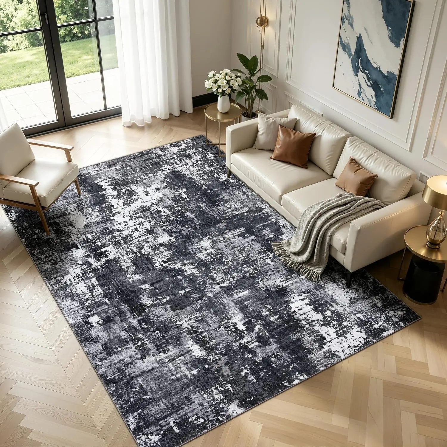 5x7 Abstract Modern Faux Wool Area Rug - Black & White, Low Pile, Non-Slip, Lightweight, Thin, Machine Washable for Living/Dining & Home Rooms
