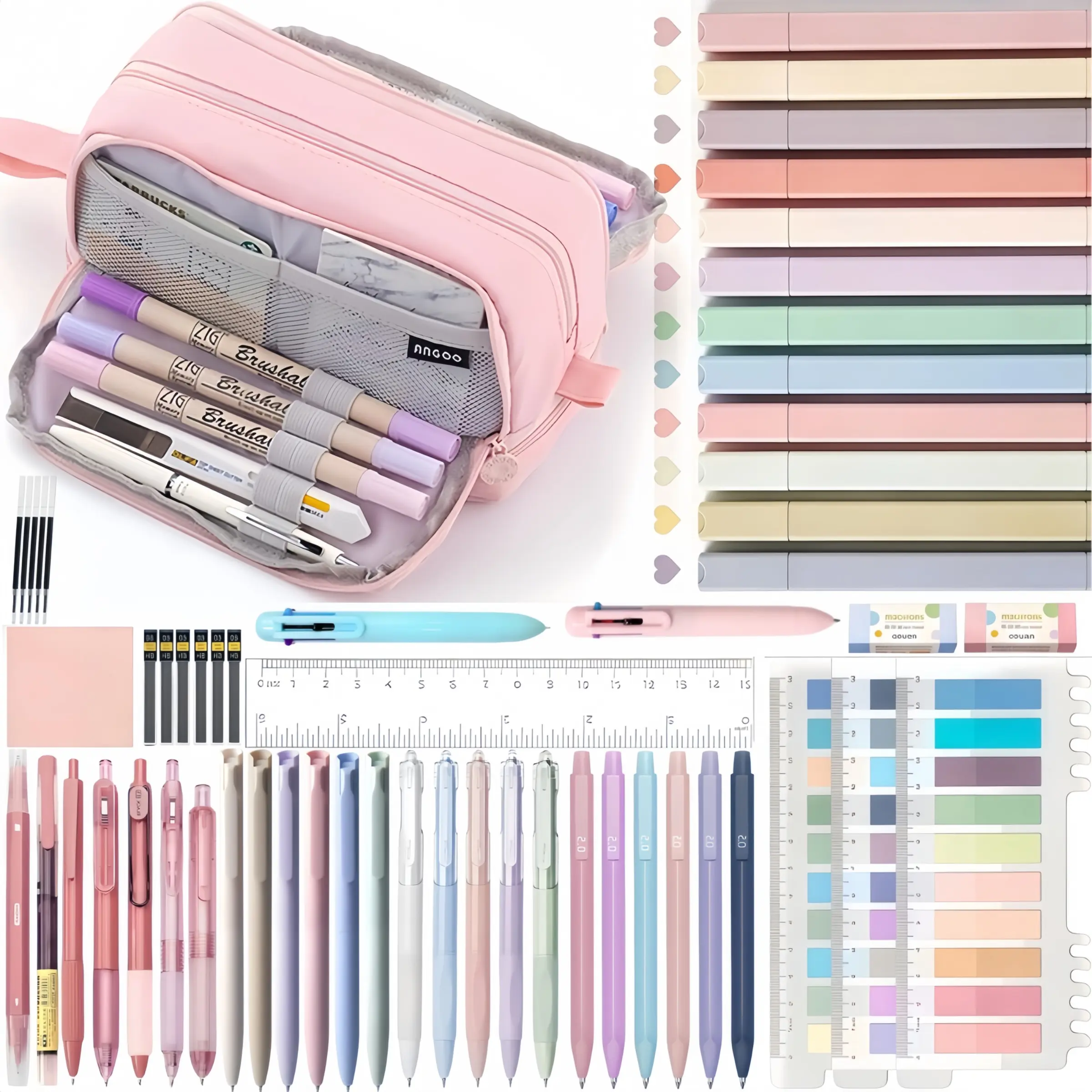 57-Piece Aesthetic Stationery Set, Includes Large Pen Pouch, Gel Pens, 0.5mm Smooth Automatic Pencil, Highlighters, Sticky Notes, Ideal for Teens and Adults