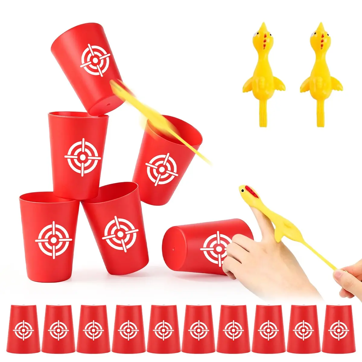 Egg Launching Chicken Prank Toy Set, Wall-Adhesive Stretchy Soft Gel Flying Chicken with Paper Cup Shooter, Family Party Interactive Game Props