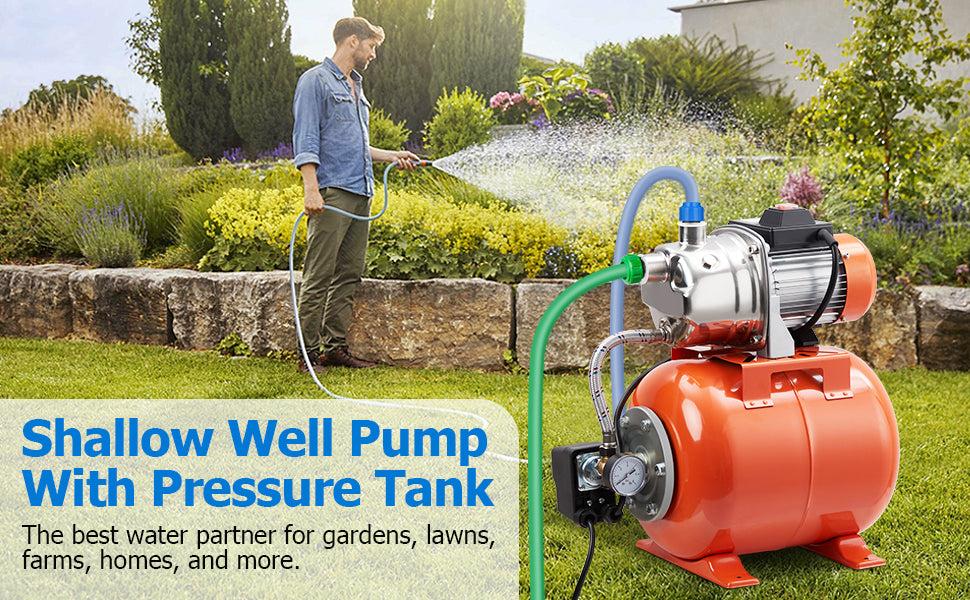 GARVEE 1HP Shallow Well Pump with Pressure Tank, Stainless Steel, 115V Irrigation Pump, Automatic Water Booster Jet Pump for Home, Garden, Lawn