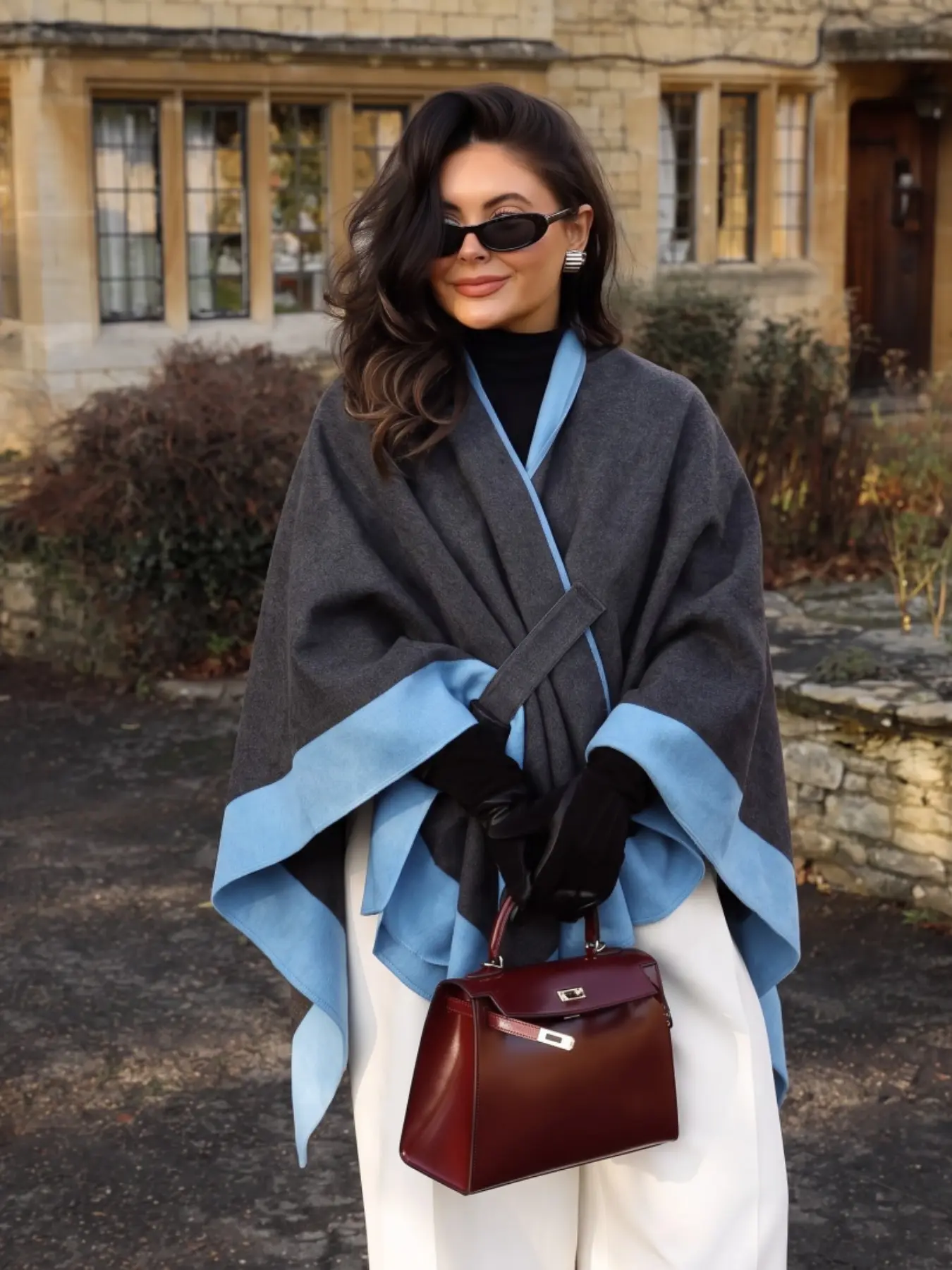 Women Elegant Two Tone Belted Cape Shawl, Reversible Wrap Poncho, Warm Autumn Winter Outerwear, Stylish and Versatile Fashion Piece