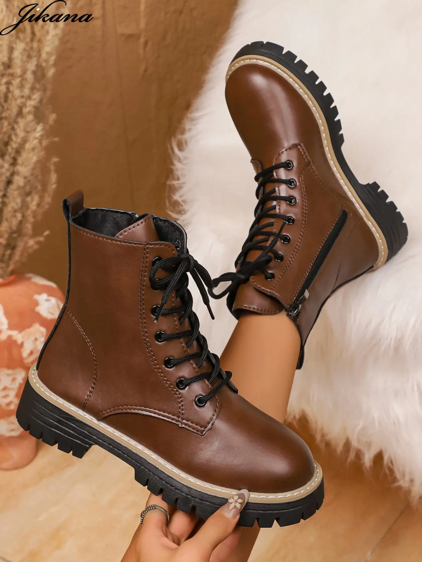 Women's Fashion British Boots, PU Thick Sole Laces Side Zip Short Boots, Fall Winter Versatile Basic Boots, Elegant Ankle and Knee-High Boots