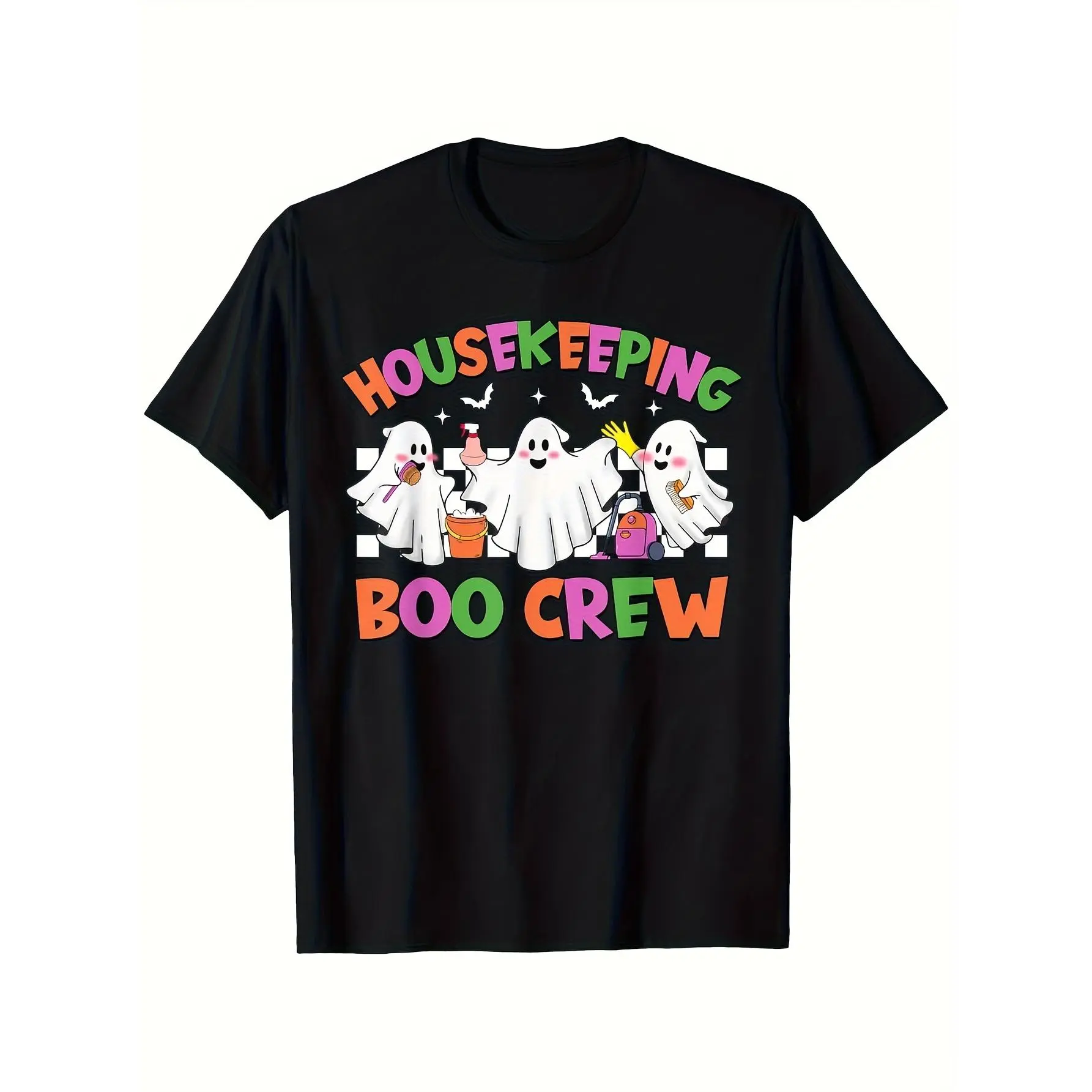 Retro Housekeeping Boo Crew Halloween T-Shirt -  Black Tee with Colorful Cartoon Ghosts & "HOUSEKEEPING BOO CREW" Print,