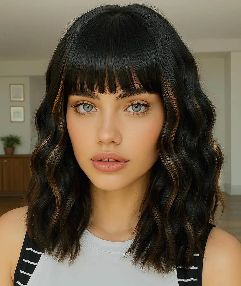 Full Machine Wig for Women, 14 Inch Short Wavy Bob with Bangs in Ombre Brown, Natural Looking Heat Resistant Synthetic Fiber with Breathable Open Weft, Bangs Synthetic Full Machine Wigs, Bob Hair Synthetic Full Machine Wigs
