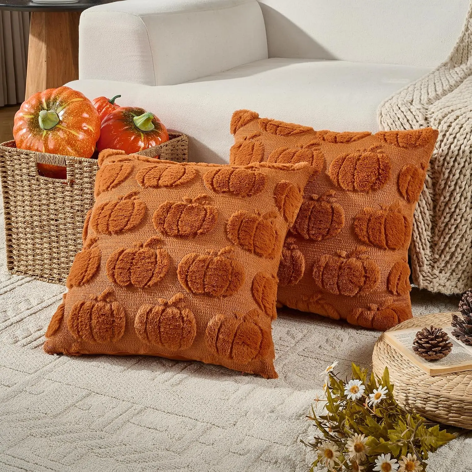 Pumpkin Fall Throw Pillow Covers, 20x20 in Set of 2, Rust Cozy Home Decor Soft Cushion Covers, Plush Faux Accent Pillowcases for Autumn Harvest Couch