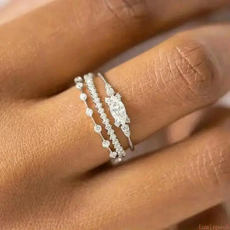 Women's Minimalist Stacking CZ Ring Set, Dainty Marquise-Cut Cubic Zirconia, Lightweight Elegant Casual Female Daily Wear Jewelry, Gold-Silver Tones, Elegant Casual Ring, Versatile For Everyday Jewelry, Layered Stack, Stackable Rings, Dainty Stacking Ring