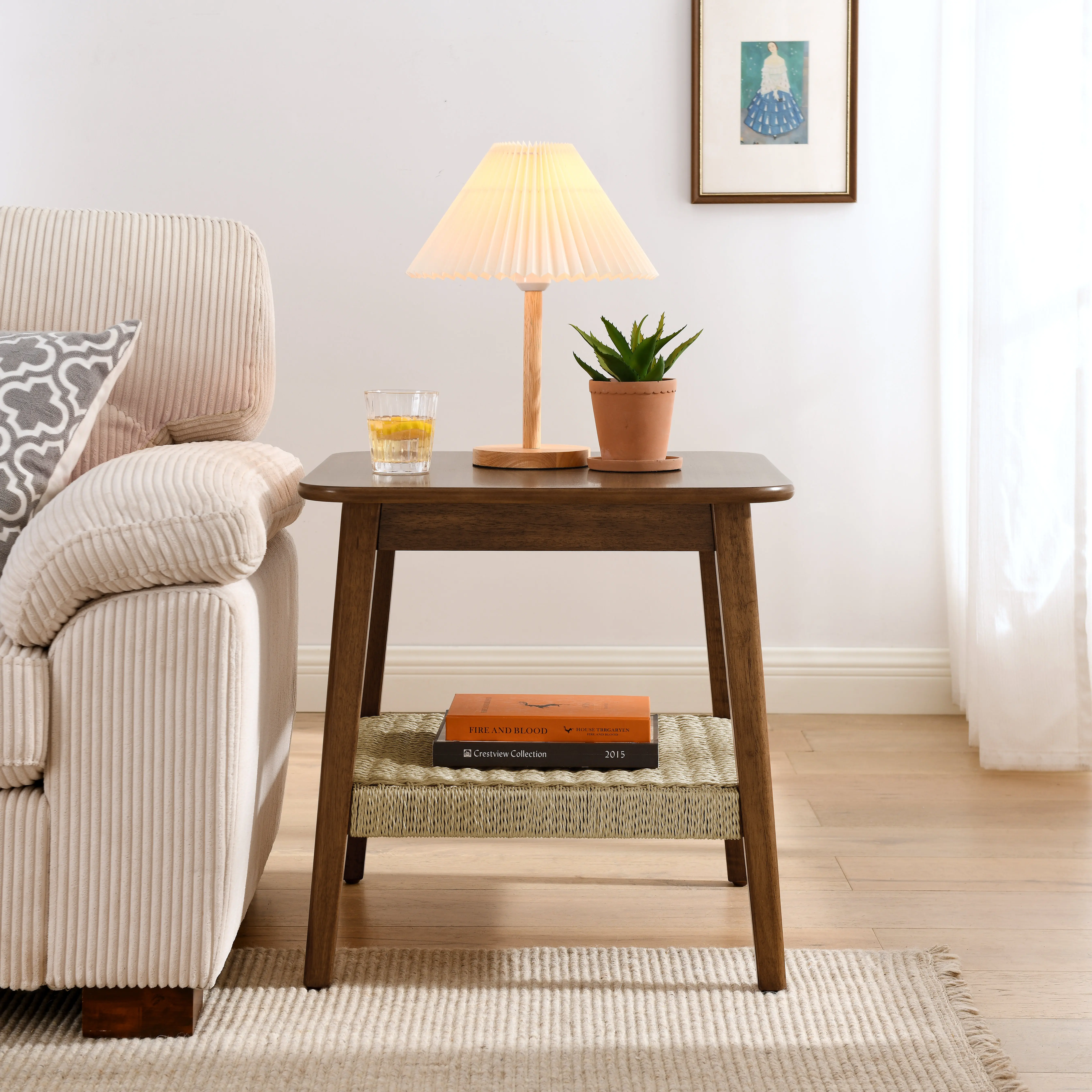 ARCH Mid-Century Side Table with Woven Shelf, Boho Bedside Table with Storage, 23" Small End Table for Living Room Couch Bedroom Patio Home Office, Dark Walnut Solid Wood+MDF, Dark Walnut Color Options, Solid Wood+MDF Material, Product Dimensions: