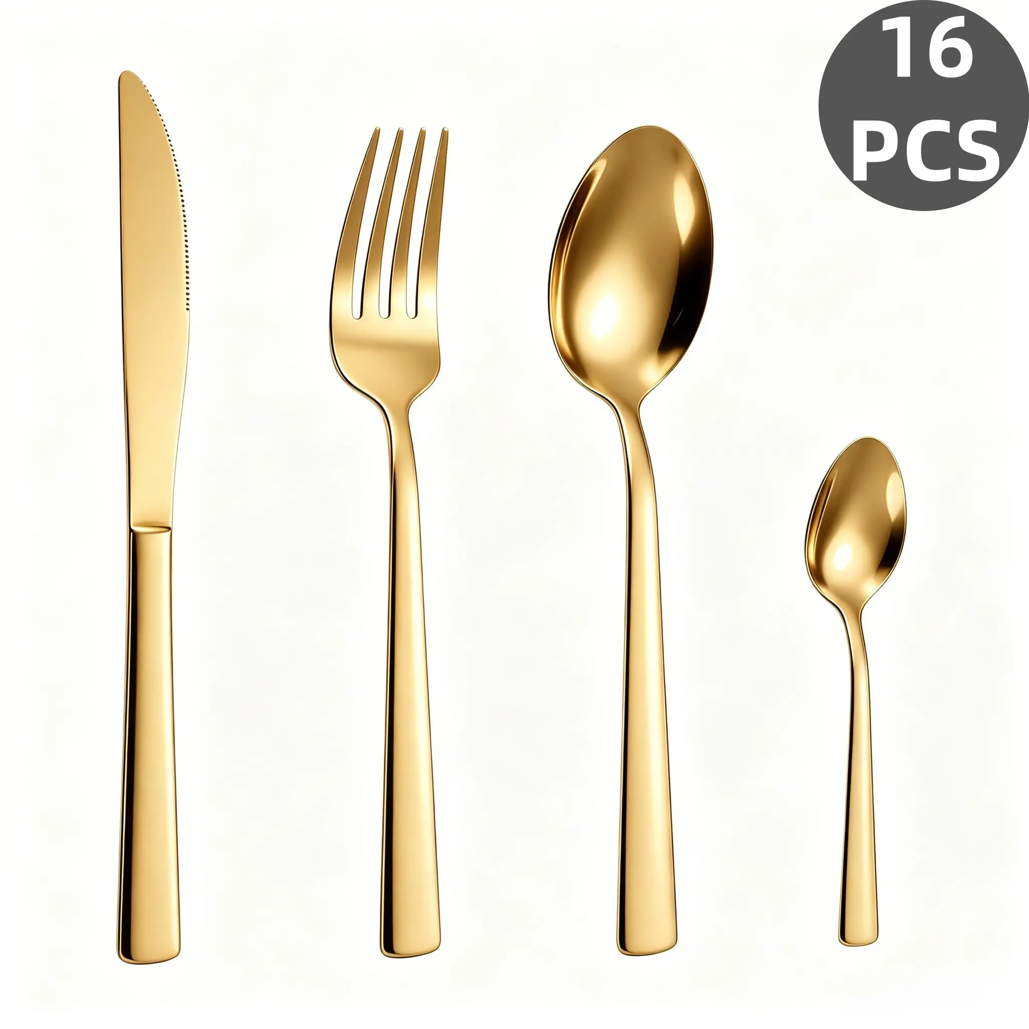 16Pcs Modern Minimalist Tapered Handle Gold Stainless Steel Polished Finish Cutlery Set, Mirror Polished Flatware, Rustproof Dishwasher Safe, Ideal for Home Kitchen, Family Meals, Apartment & Holiday Gifts