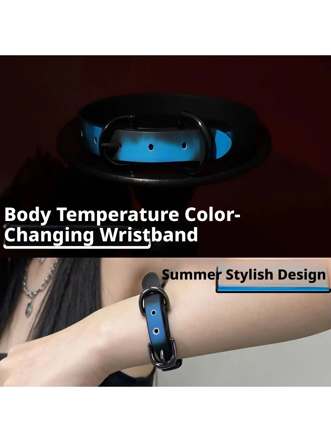 Gothic Punk Heat Sensitive Mood Color Changing Bracelet, Adjustable Pin Buckle Leather Strap Black to Blue Exquisite Trendy Bracelet for Women Men, Edgy Cool Daily Streetwear Party Club Statement Jewelry Gift
