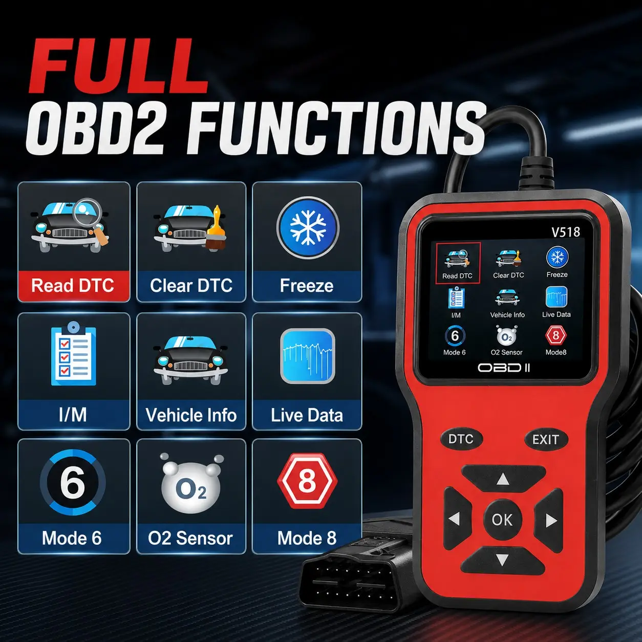 V518 Obd2 Scanner Diagnostic Tool, Automotive Check Engine Light Code Scanner, Reset, Dtc, Data Stream, I/m Readiness, Car & Truck Scan Tool