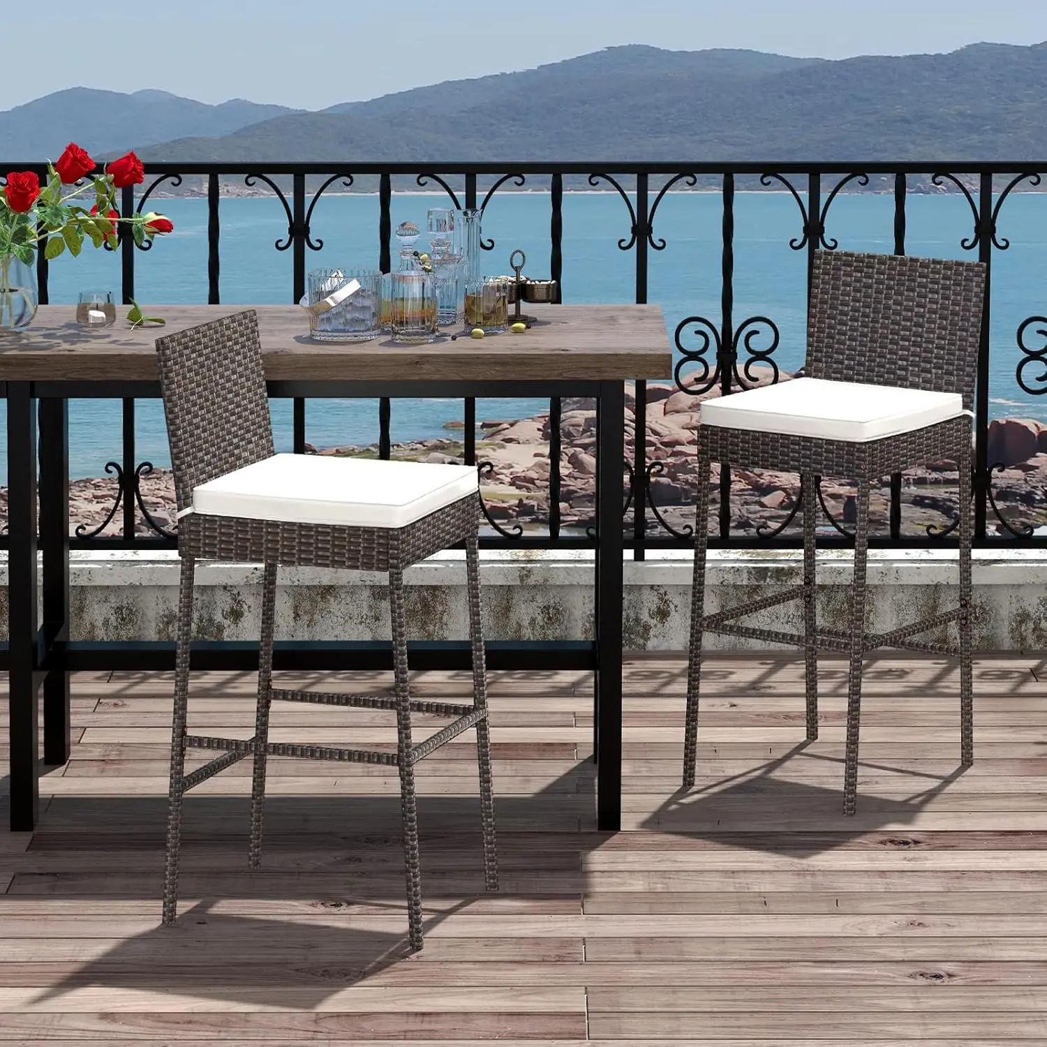 Outdoor Bar Stools Set of 4 - Wicker Rattan Patio Barstools Tall Chairs w/Back, Footrest, Seat Cushions & Metal Frame, 400LBS Weight Capacity, 30’’ Counter Height Bar Stools