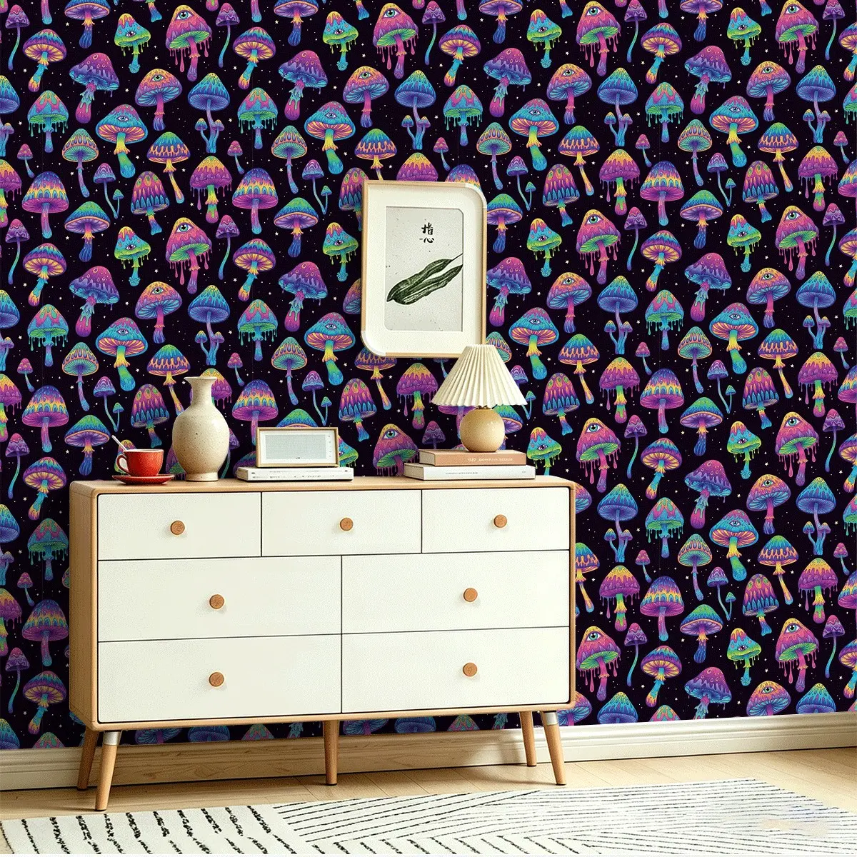 Seamless Peel and Stick Wallpaper, Gradient Color Fantasy Mushroom Print, Removable Wall Decal for Bathroom, Bright Long-Lasting Colors