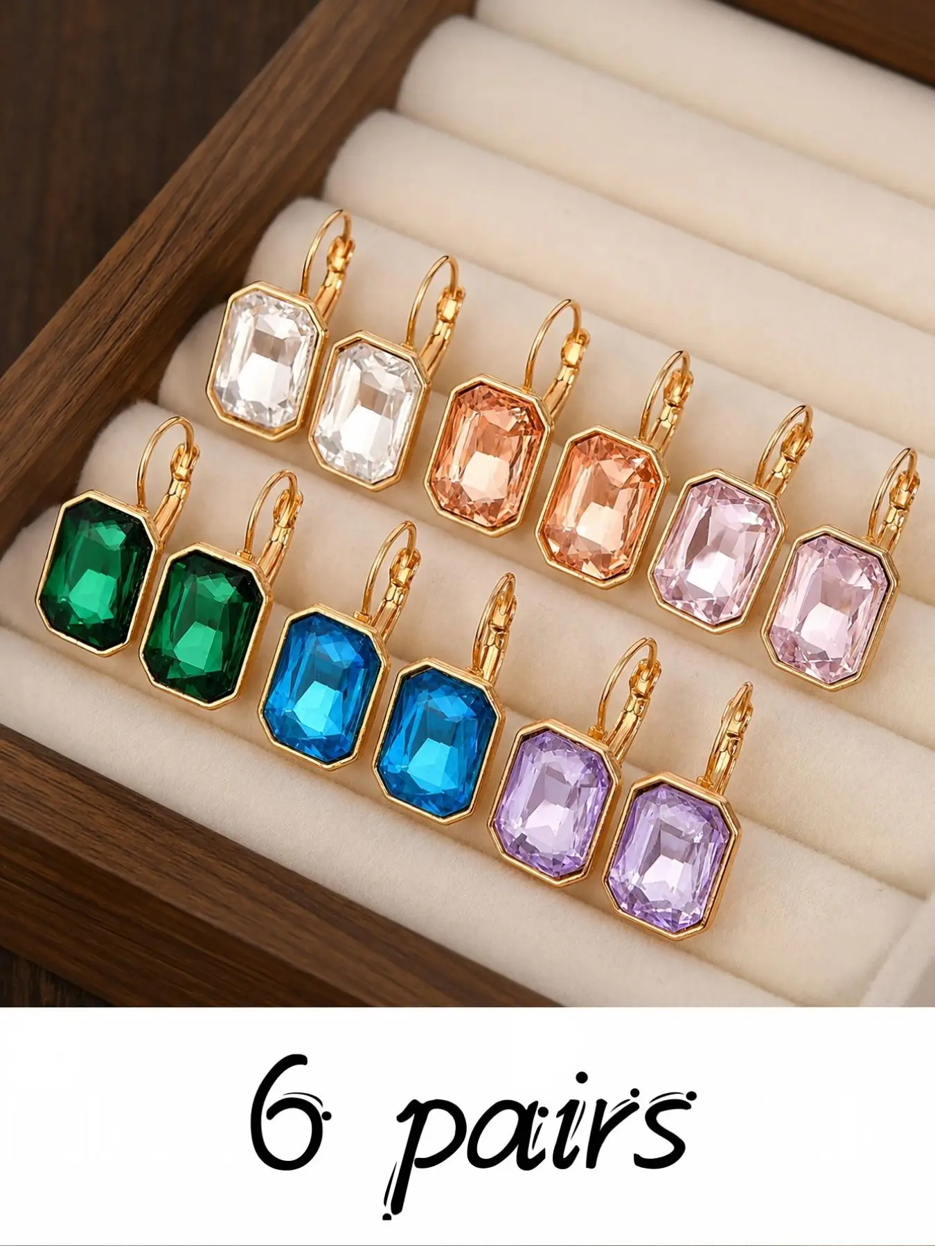 6 Pairs Multi-Color Crystal Dangle Earrings Set, Rectangle & Teardrop Rhinestone Leverback, Sparkly Gem Earrings for Women