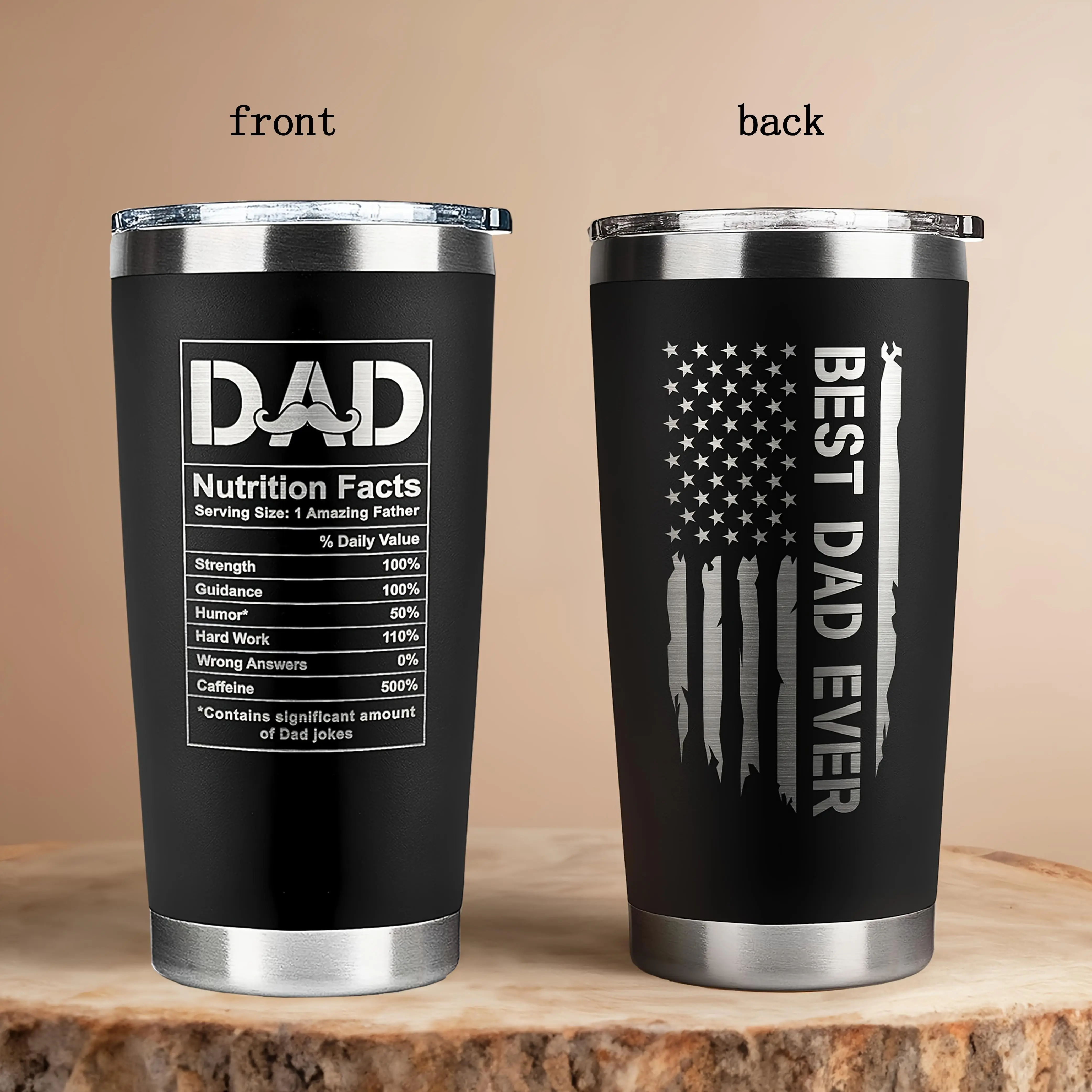 20oz Stanley Portable Insulated Black Water Bottle Tumbler with Gift Box, Greeting Card, Leak-Proof Lid – Single Unit Dad Gift for Father’s Day, Christmas, Birthday (From Daughter/Son)