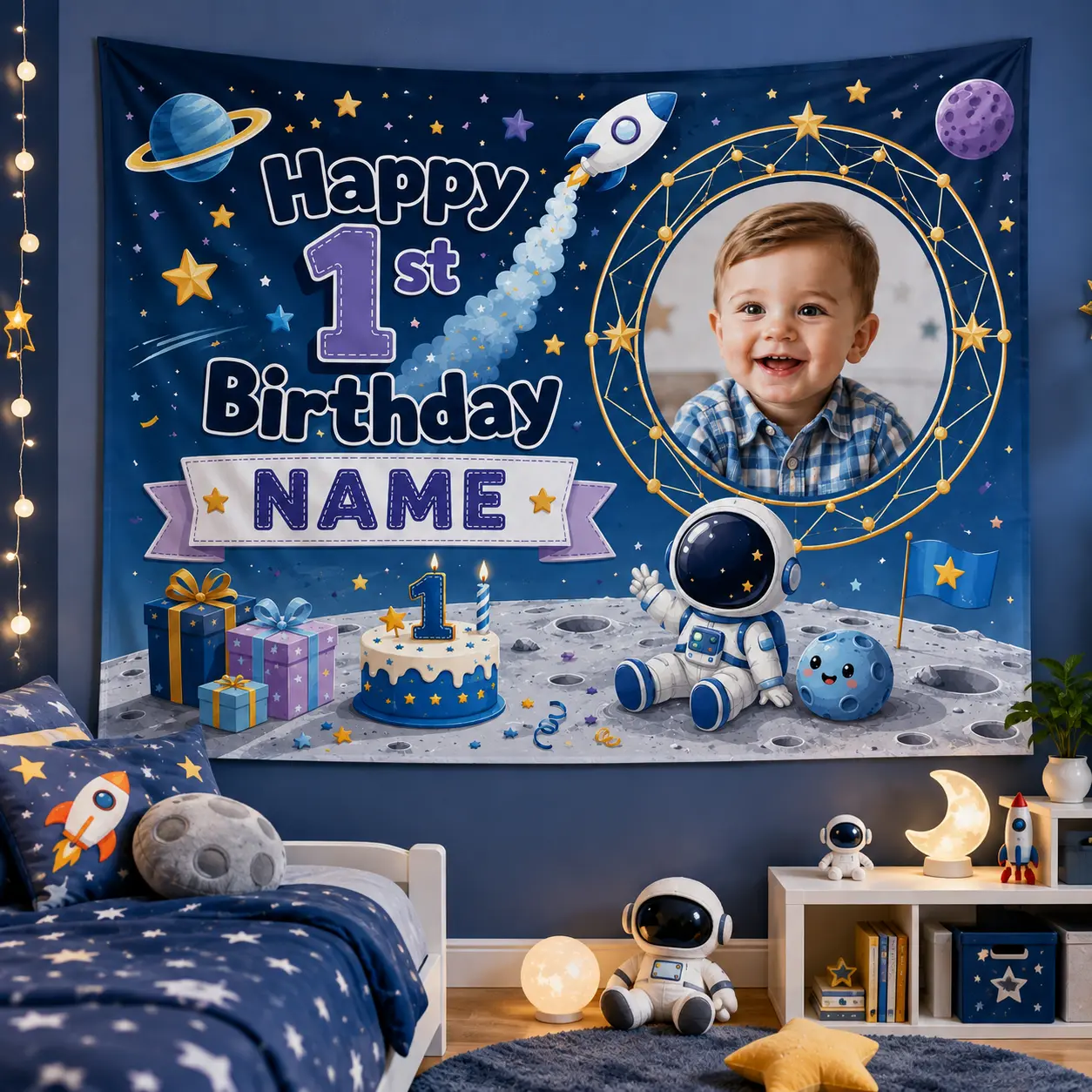 Personalized 1st Birthday Space Backdrop with Custom Photo & Name, Navy Blue Galaxy Rocket Astronaut Party Banner, Baby First Birthday Photo Booth Background