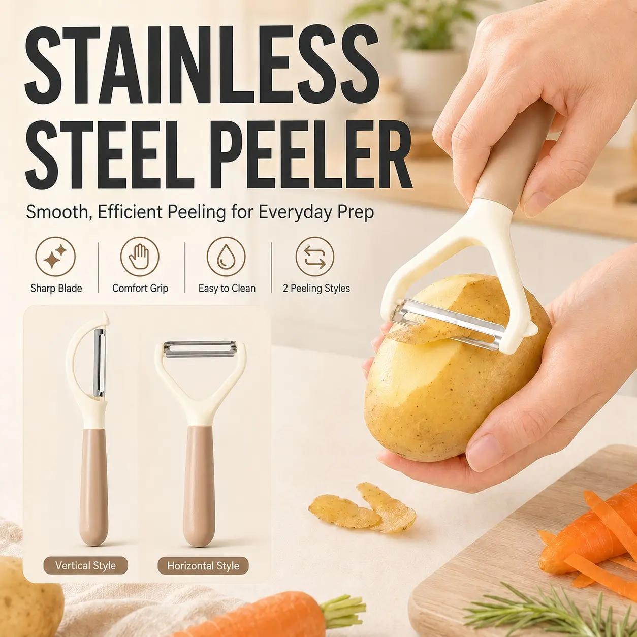 A Japanese-style food-grade D/Y-shaped fruit and vegetable peeler with fashionable colors, a kitchen tool for peeling and chopping fruits and vegetables, featuring a comfortable, ergonomically designed handle and a bud-removal feature for easy cleaning