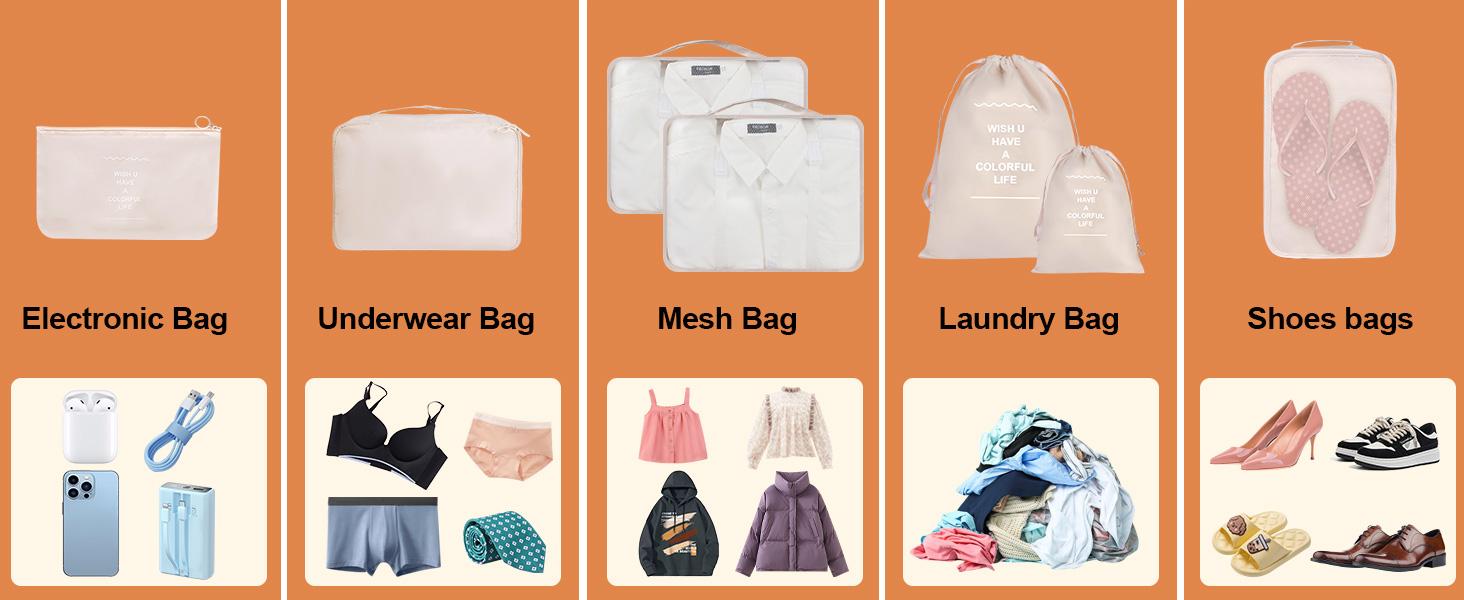 8 Set Packing Cubes for Suitcases, Travel Luggage Packing Organizers with Laundry Bag, Compression Storage Shoe Bag, Clothing Underwear Bag, for Man & Women