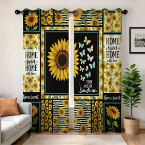 1 Pair Digital Print Semi-Blackout Pair Curtain,Sunflower themed patchwork pattern, 250gsm Semi-sheer Punch Hole Polyester Curtain, Clear Print, Home Hotel Birthday Holiday Gift