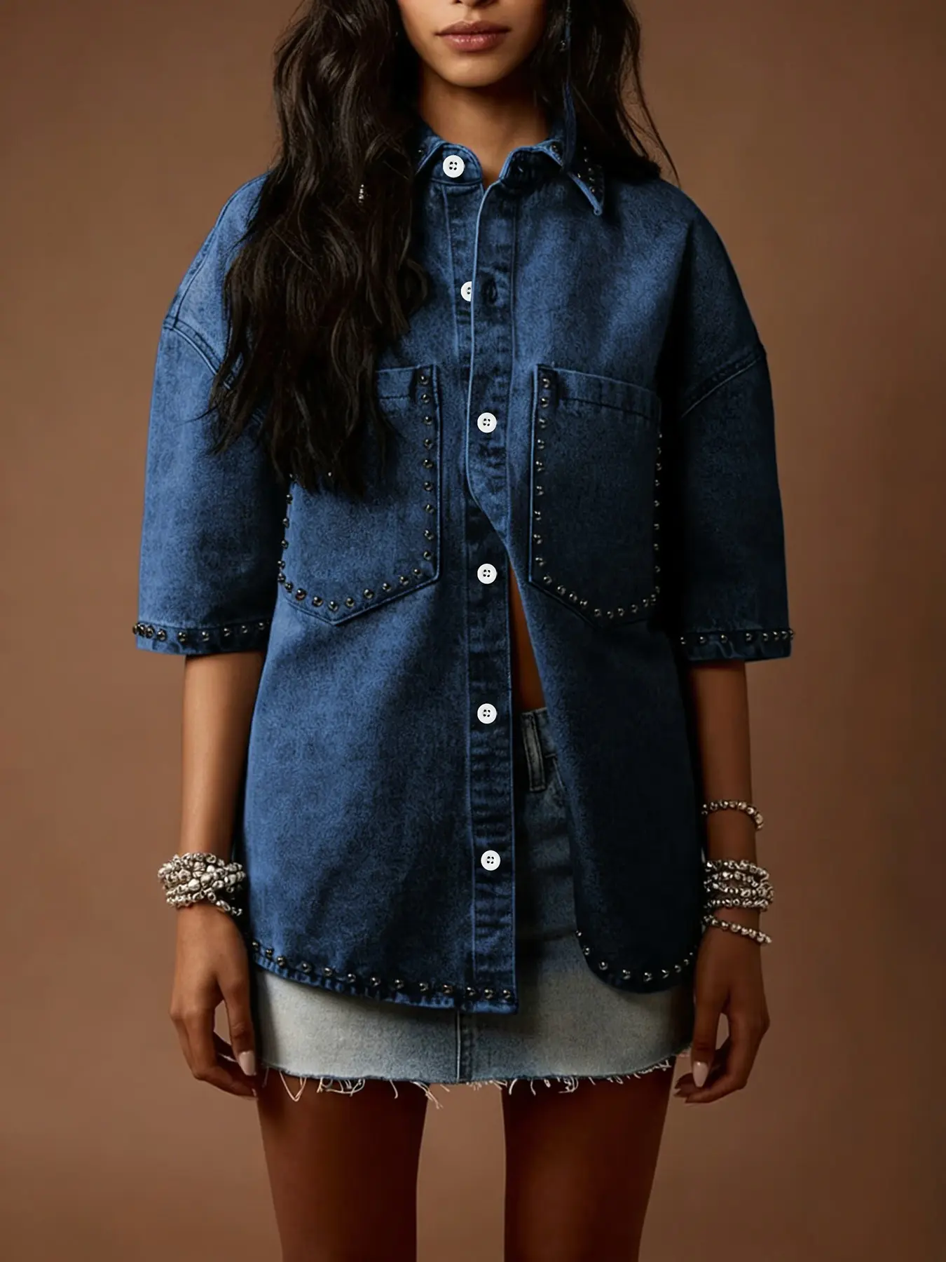 Deep Blue Vintage Washed Short Sleeve Loose Denim Jacket, Rivet and Button Details, Punk Street Style, Fashionable Outerwear for Men and Women
