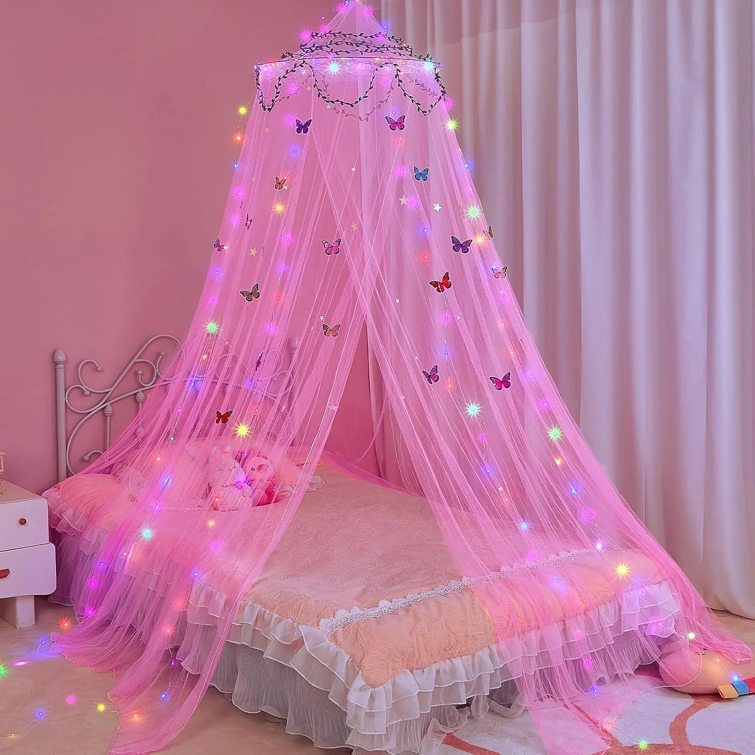 Bed Canopy for Girls Room Bed Canopy Curtains with Led Lights Mosquito Net DIY Princess Room Décor with Stars Butterflies for  Bedroom, Hot