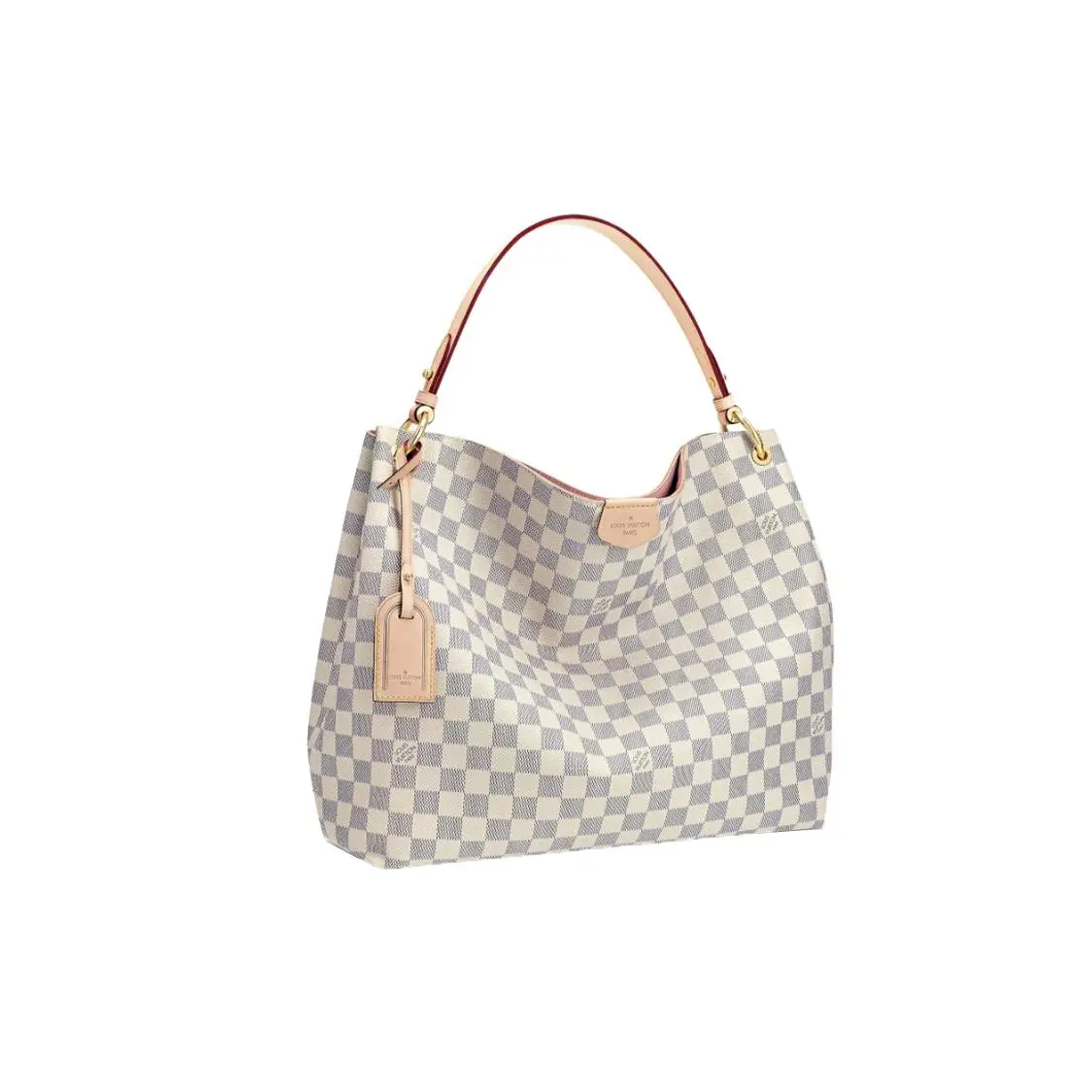 Louis Vuitton Graceful Hobo Tote Bag for Women - Checkered Coated Canvas, Calfskin Trim, Beige Elegant Beige Women's Handbags, Elegant Women's Handbags