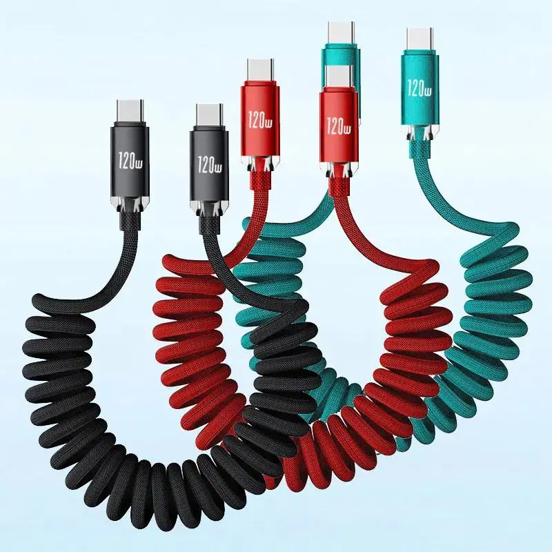 120W Retractable Car Spring Mobile Data Cable, USB-C to Type-C Fast Charge Cable for iPhone 15/16, Samsung, Xiaomi