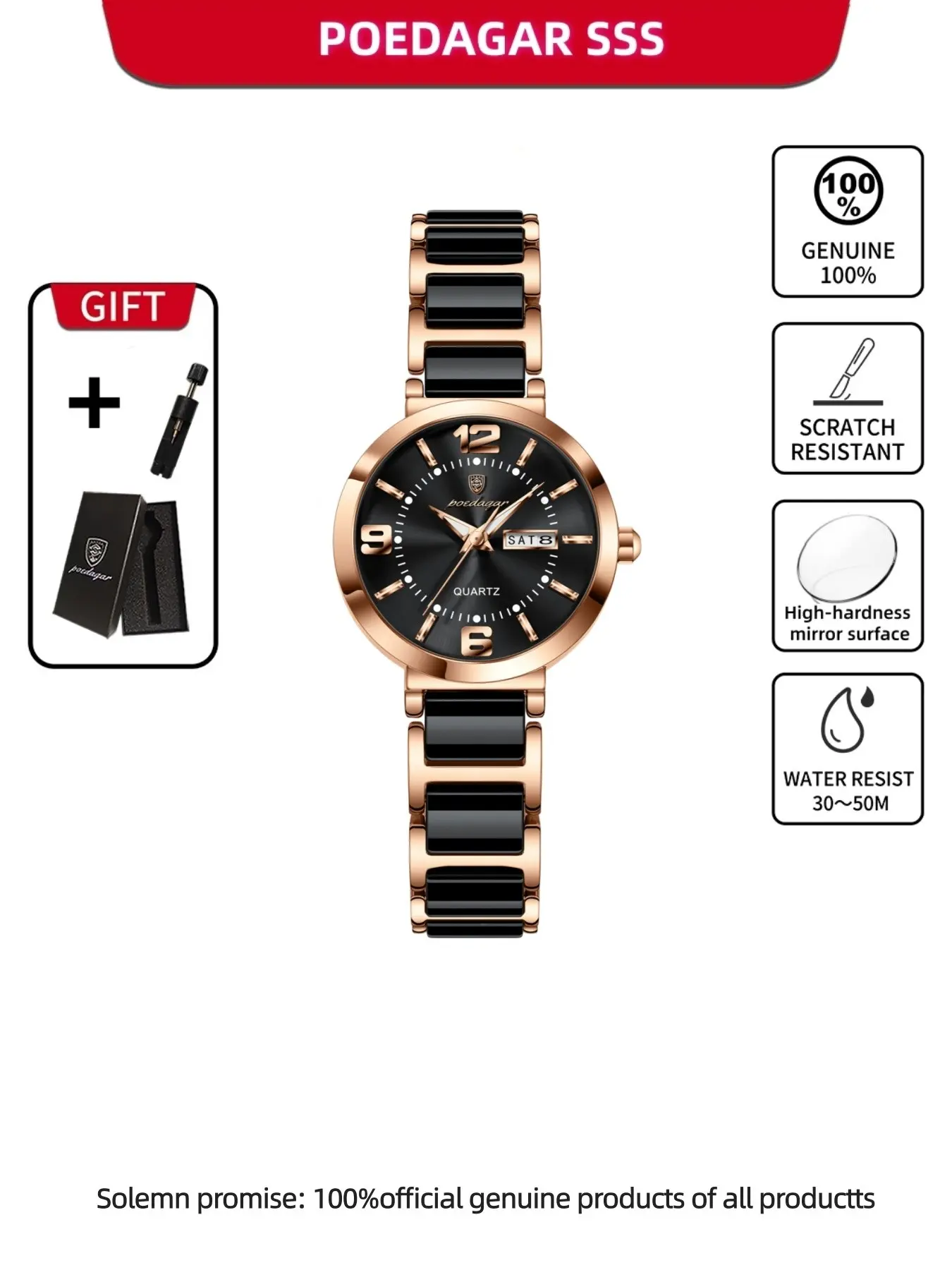 POEDAGAR Top Women's Quartz Watch Fashionable and Elegant Women's Week Date Watch High Quality Waterproof Stainless Steel Women's Watch