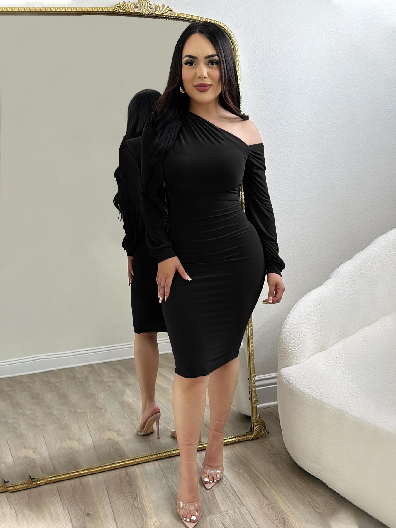 Women's Plain Ruched Asymmetrical Neck Bodycon Dress, Elegant Style Long Sleeve Knee Length Dress for Party Dating Wear, Ladies Clothes for All Seasons