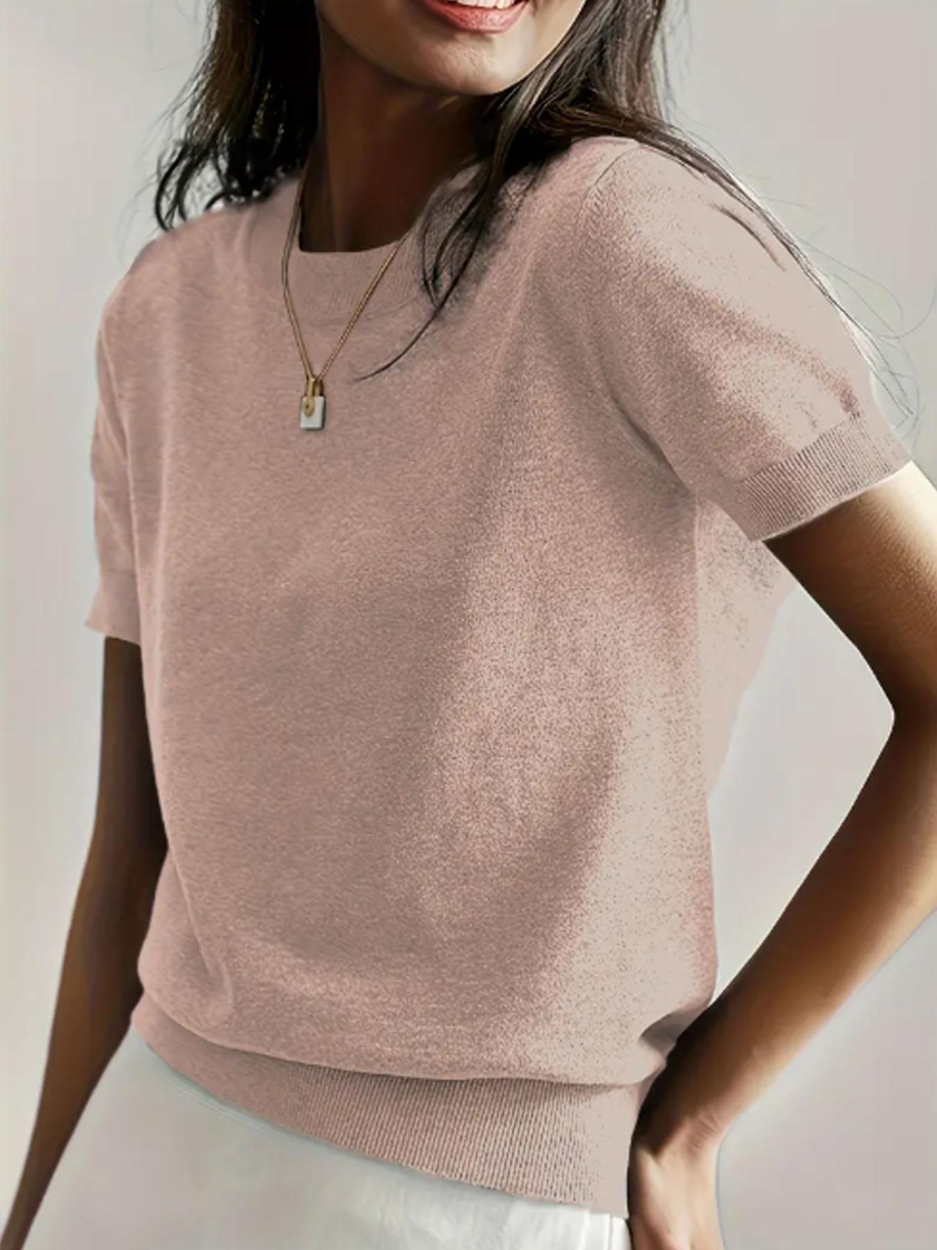 Women's Solid Color Crew Neck Short Sleeve Lightweight Loose Sweater, Casual Basic Minimalist Knit Pullover for Spring & Fall, Fashion Women's Knitwear for Daily Wear, Womenswear Women's Solid Color Crew Neck Short Sleeve Lightweight Loose Sweater, Casual Basic Minimalist Knit Pullover for Spring & Fall, Fashion Women's Knitwear for Daily Wear, Womenswear