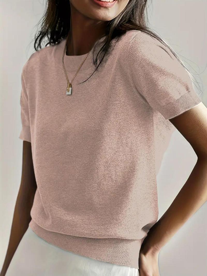 Women's Solid Color Crew Neck Short Sleeve Sweater, Casual Basic Knit Pullover for Spring & Fall, Fashion Women's Knitwear for Daily Wear, Womenswear