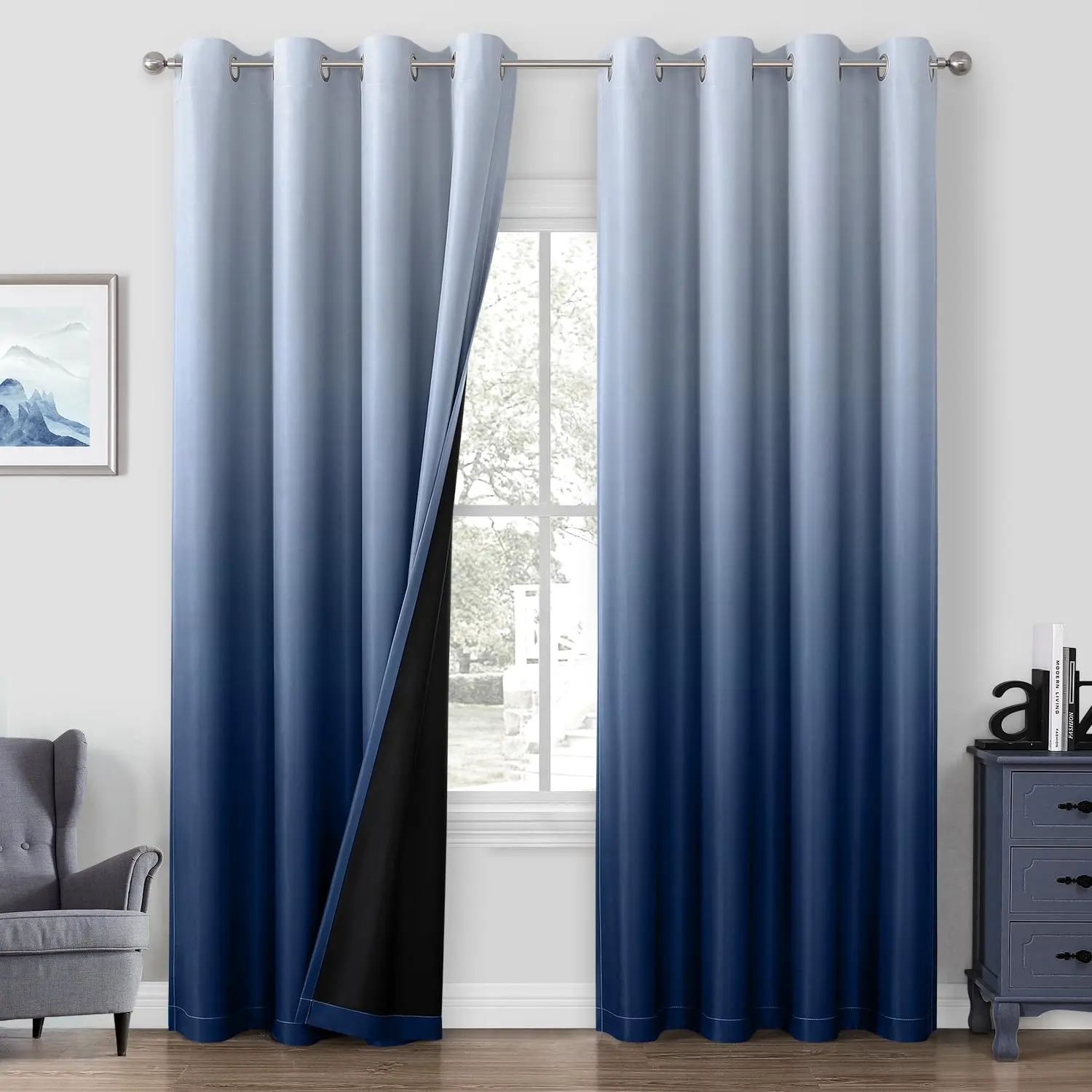 Navy Blue Ombre Blackout Curtains - 52x84" Modern Window Cover, Light Blocker, Thermal Insulated Grommet Drapes for Bedroom/Living Room, 2 Panels