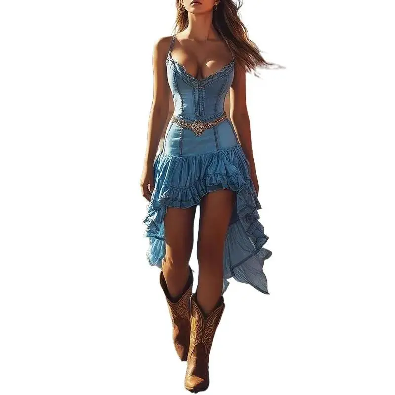 Women's 2026 New Woven Fitted Vintage Western Country Style Sleeveless Mid-Length Formal Dress with Exquisite Ruffles, Ideal for Travel, Casual Wear