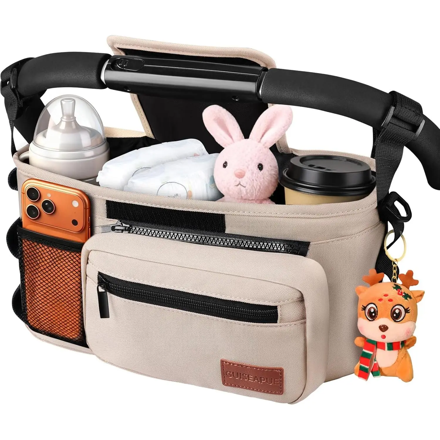 Universal Stroller Organizer with Cup Holder: Non Slip Strap Stroller Caddy | Stroller Bag with Detachable Phone Bag, Fits for Uppababy, Baby Jogger Stroller Accessories, Christmas New Moms Baby Gifts
