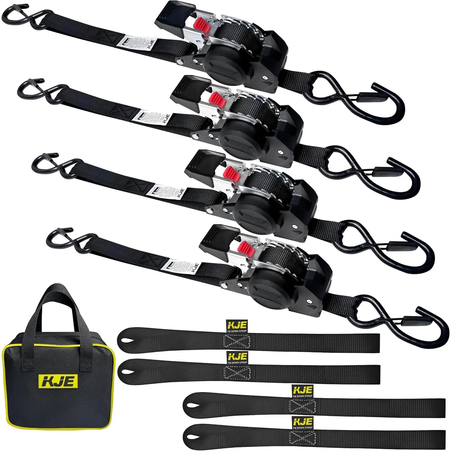 4 Pack 1" x 10' Retractable Ratchet Tie Down Straps with Soft Loops & S-Hooks, 1,650 lb Break Strength | KJE