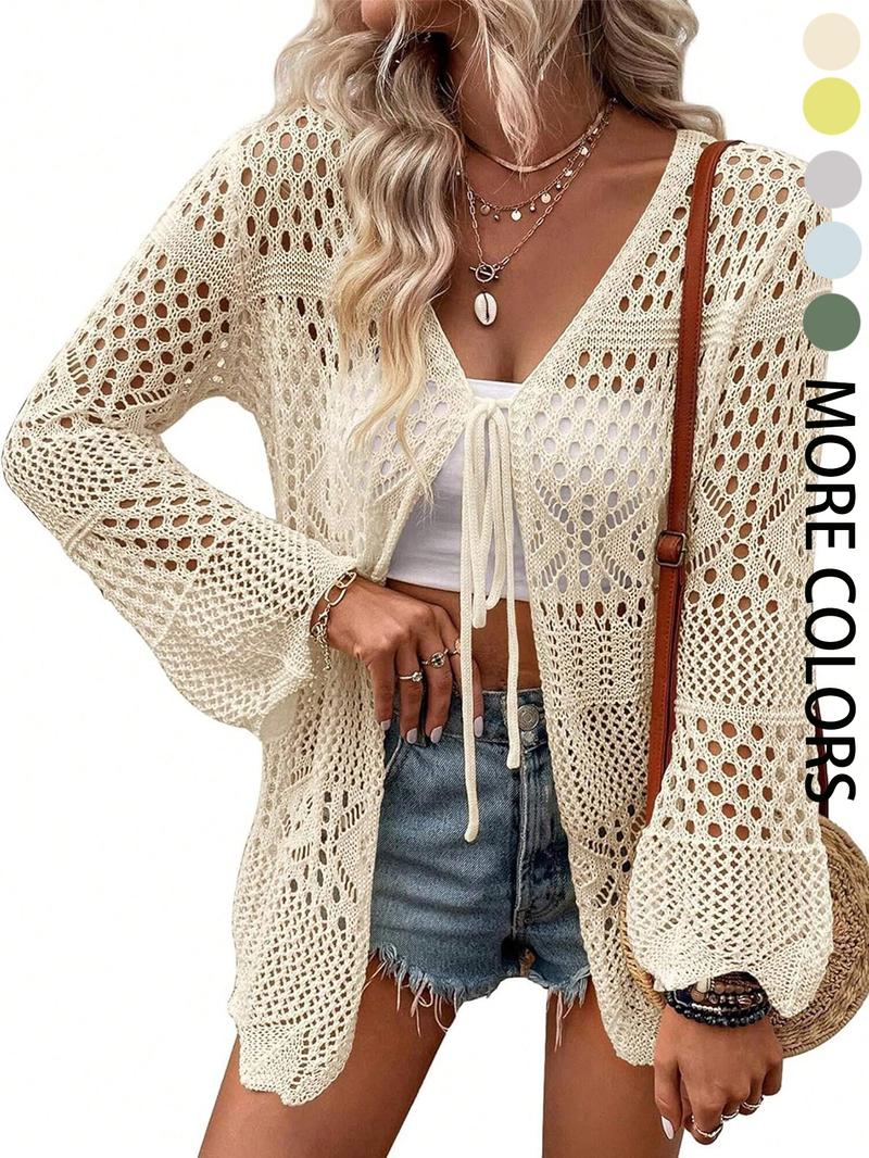 Women's Solid Color Hollow Out Crochet Cardigan, Lady Casual Long Sleeve Tie Front Knitwear for Summer, Fashion Women's Knit Clothing for Beach Vacation, Womenswear, Cardigan Sweater, Longsleeves Clothes for Women, Relaxed Fit Cardigan