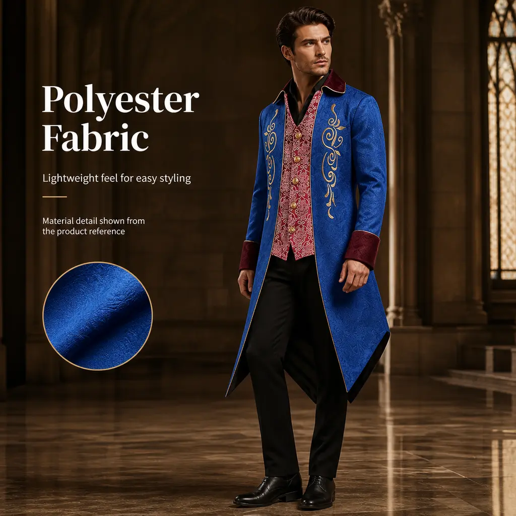 Men's Royal Blue Victorian Tailcoat - Gold Embroidery, Burgundy Collar, Long Tuxedo Overcoat for Medieval Noble Prince Costume, Black Carnival Special Occasion Wear