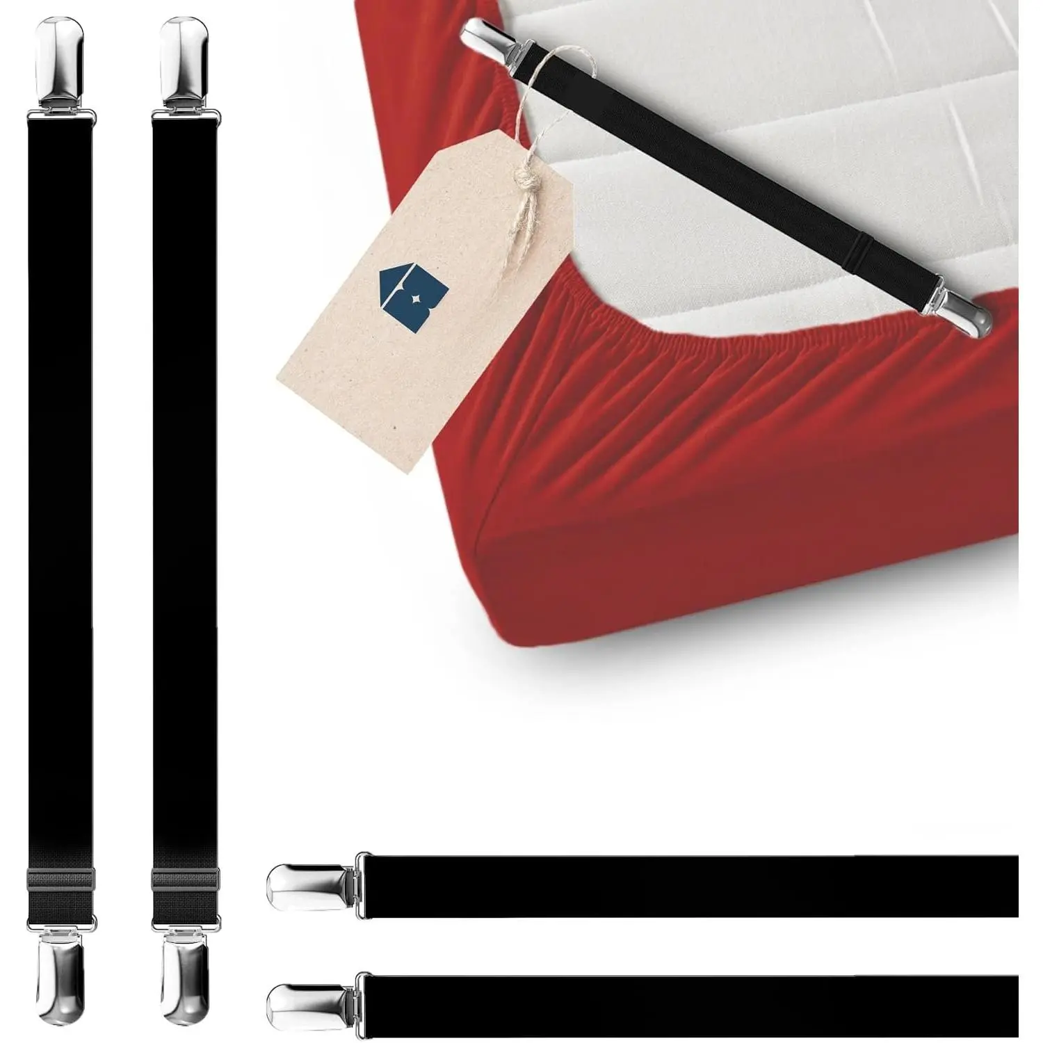 4 count Black Bed Sheet Clips - Corner Mattress Holder Straps | Keep Fitted Sheets Tightly in Place. Heavy Duty Elastic Mattress Suspenders with  Clamps. Fits ,  &  Beds