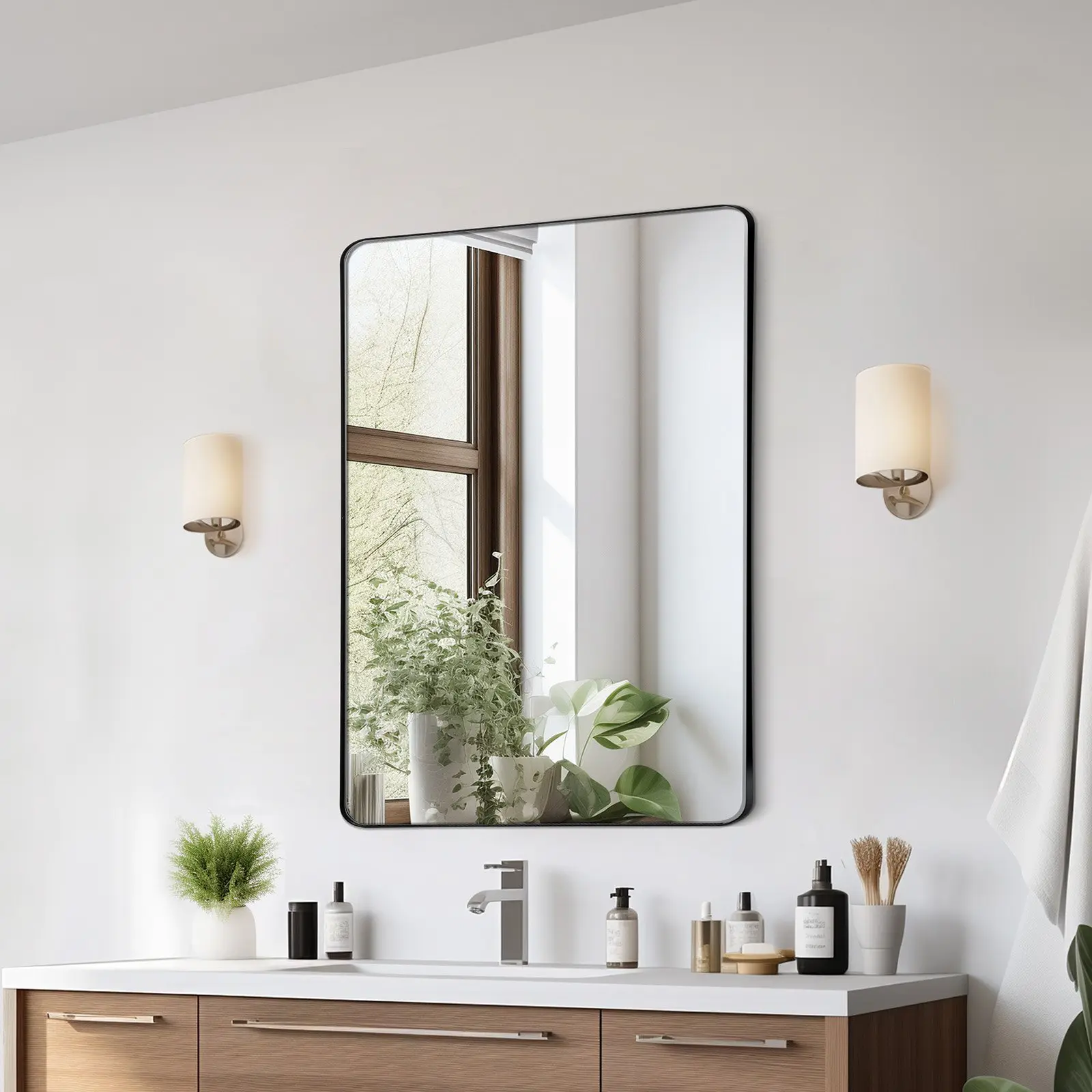 Wall Mounted Makeup Mirror, 0.15" Thick, 22" x 30" Mirror with Aluminium Alloy Frame Explosion-Proof Film, Scratch-Resistant Mirror with Z-Shaped Bracket, Fit for Bathroom/Bedroom/Living Room