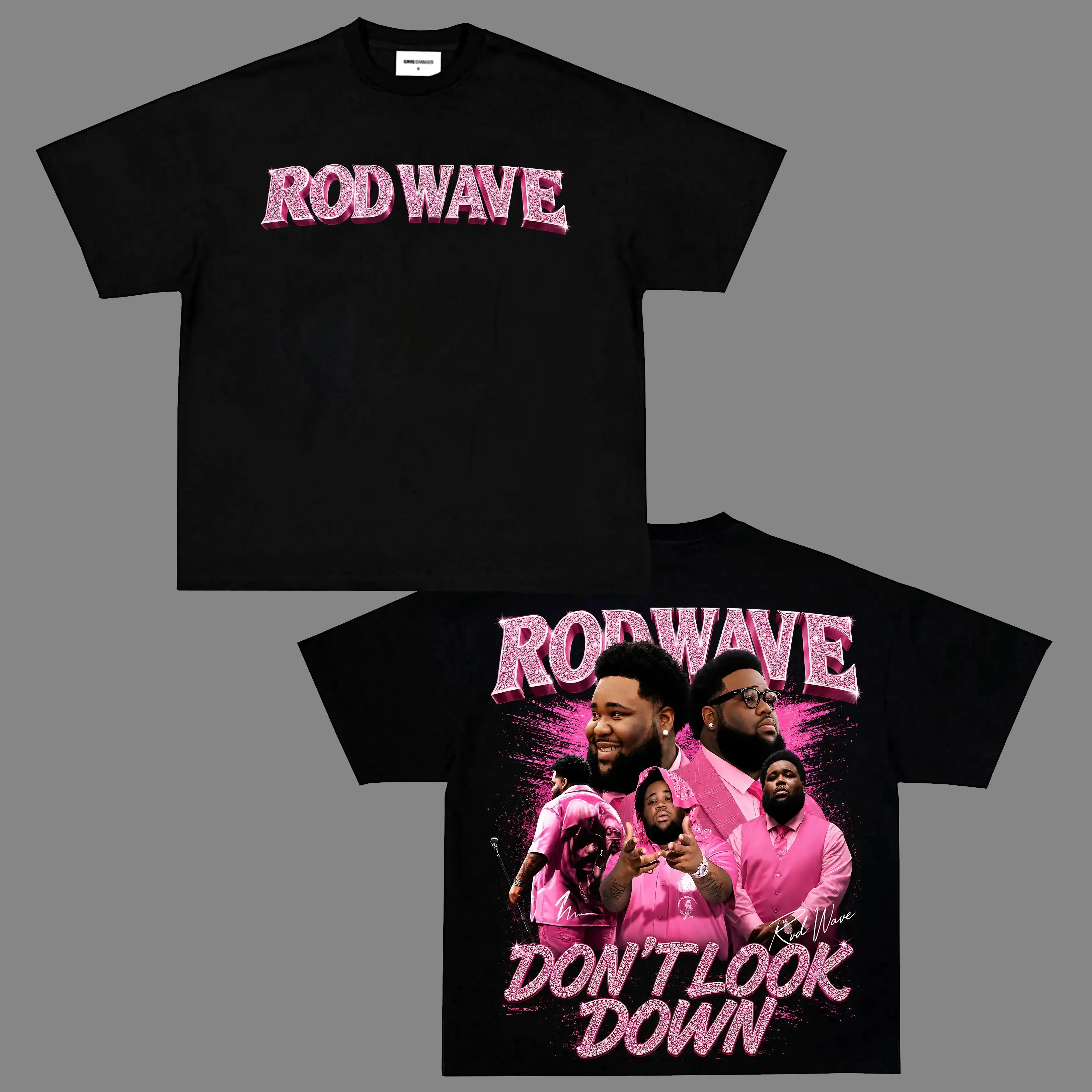 Rod Wave Don't Look Down Vintage Graphic T Shirt Pink Glitter Print Oversized Short Sleeve Tee Rapper Hip Hop Concert Merch Unisex Streetwear Cotton Top For Men Women