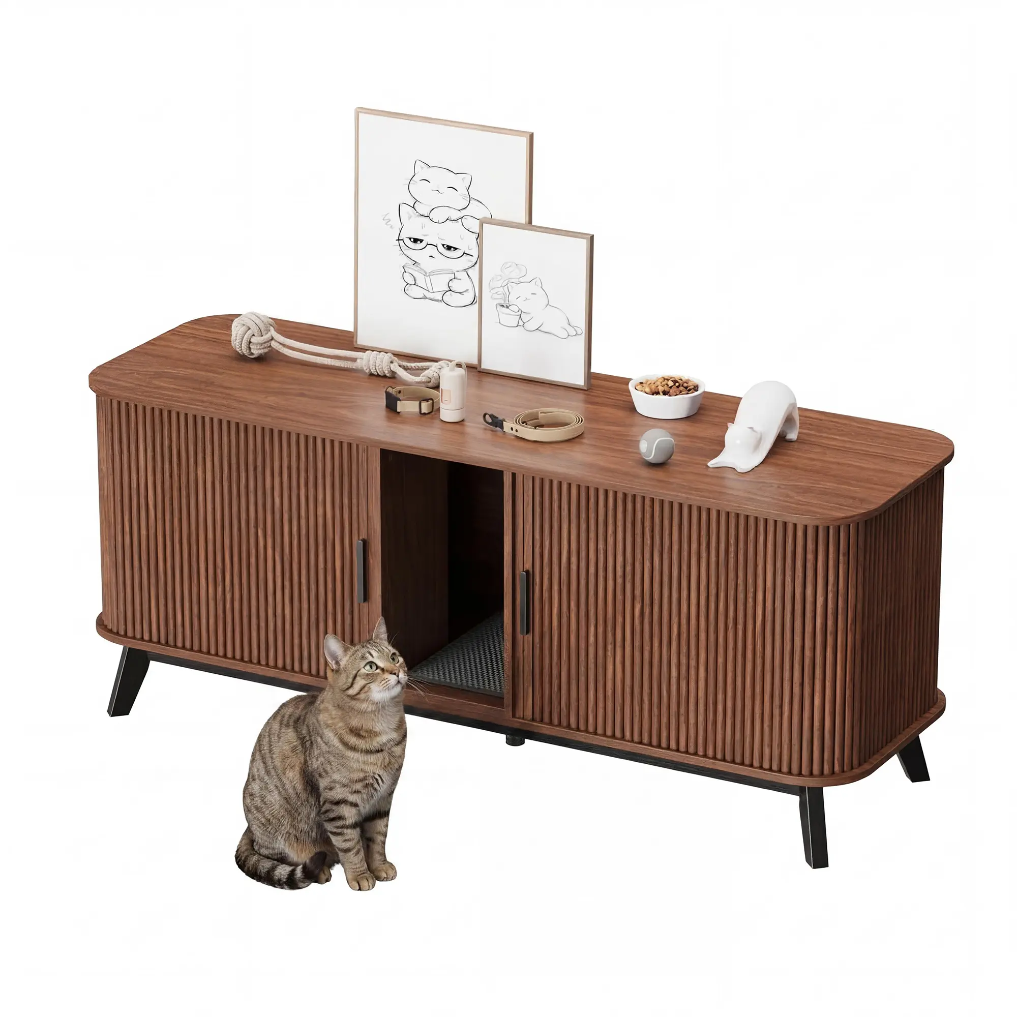 59 Inch Spacious Multi-Functional Hidden Cat Litter Box Enclosure Wooden Furniture for 2 Cats with Sliding Access Door & Free Litter Mat Multi Use Indoor TV Stand Side Table