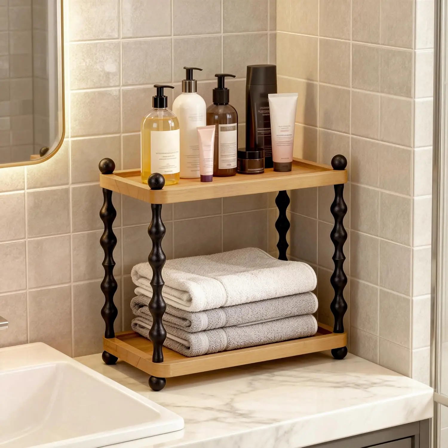 Light Brown 2-Tier Pine Wood Bathroom Counter Shelf - Rectangular Vanity Organizer, High Spacing, Tool-Free Assembly, Holds Perfume & Skincare, Space Saver, Indoor Use, for Corner