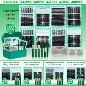 Multiple options: 1743/500/422/421/400 Pcs Eyelash Cluster Kit, D Curl Mixed 5-21mm 9 Styles Bottom/Spike/Mega/Cat/Volume Thick 3D Multi-Layered Lashes, Kit with Bond&Seal Remover Tweezers Headband&Wristband, DIY at Home Easily