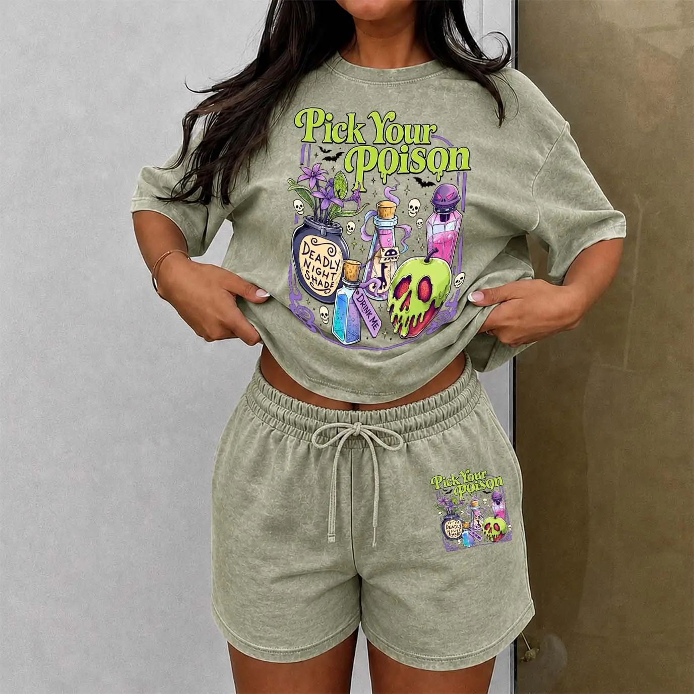 Women's Washed Cotton Shorts Two-Piece Set: A Uniquely Styled Halloween Ghost-Themed Party Outfit. Featuring "Pick Your Poison" Ghost Patterns, And Pumpkin Designs. Also Suitable As Casual Summer Loungewear.