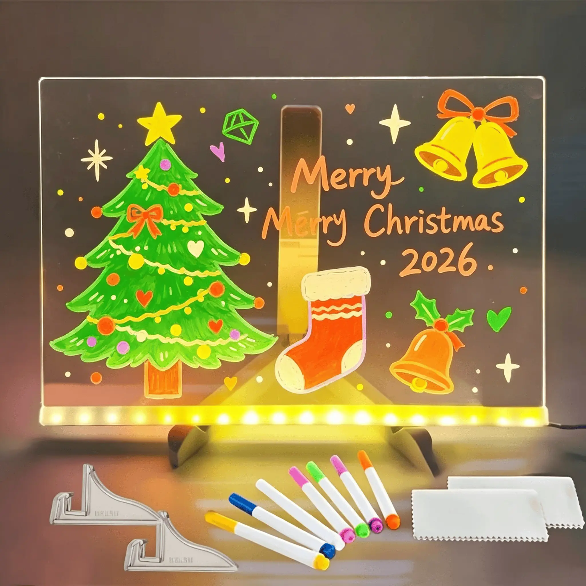 LED Note Board, Message Board, Acrylic Drawing Board, Warm Light, 7 Color Pens, Scratch-Resistant, Adjustable Erase, Party Decor