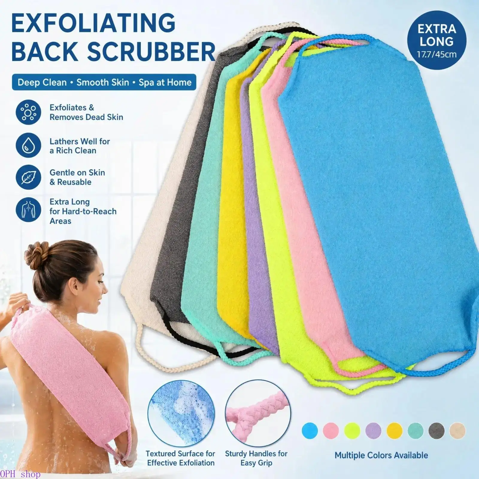Korean Style Long Stretch Exfoliating Bath Strap Extended Elastic Back Scrub Towel Dual Sided Foam Body Scrubber Portable Shower Accessory For Deep Back Cleansing, Cleaning, Accessories, Strap Towel