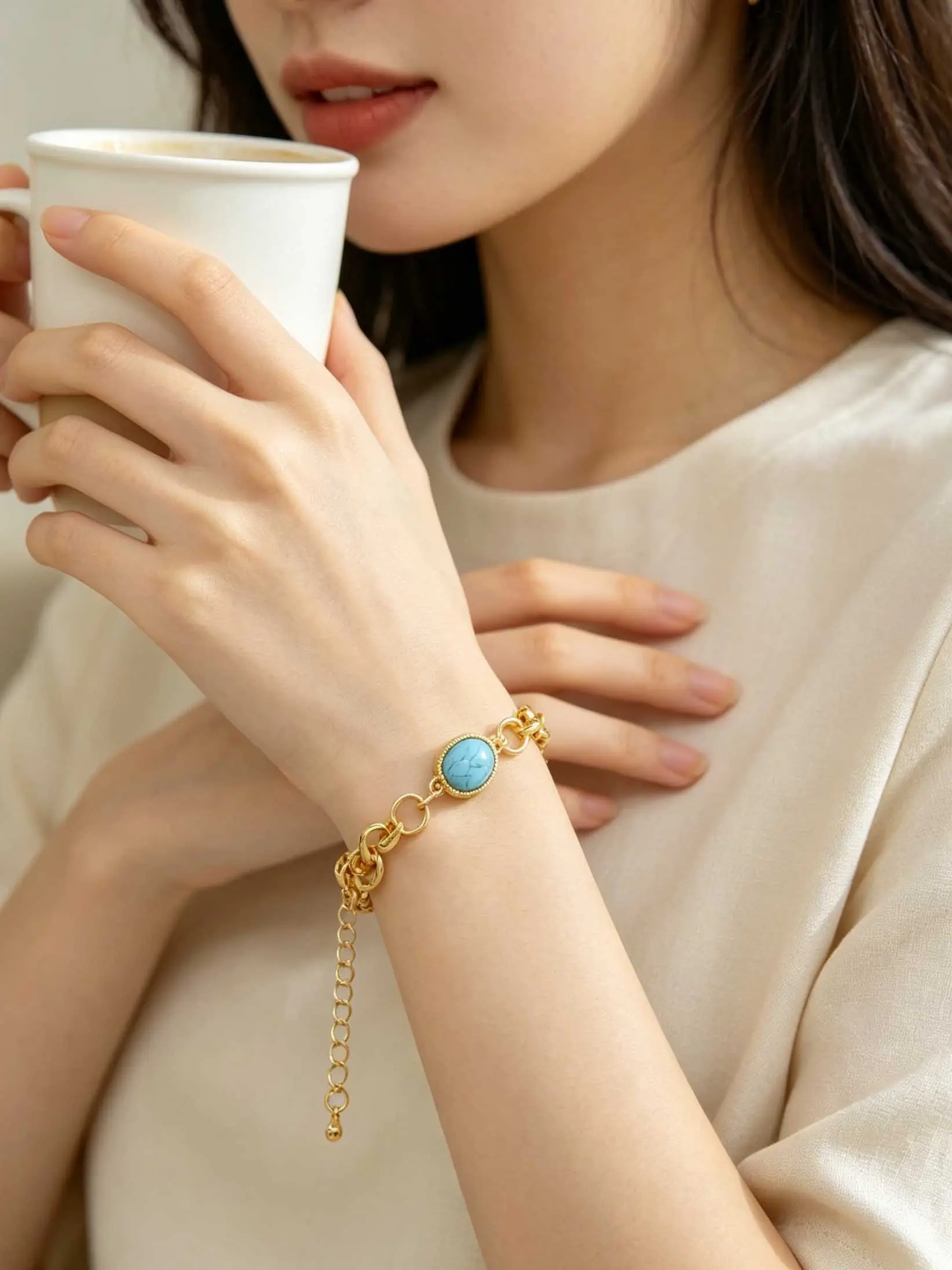 Kurdish Style Women's Bracelet, Iron Alloy Plated with Synthetic Blue Turquoise, Perfect for Festive Parties and Daily Wear, Elegant Bangle Bracelet