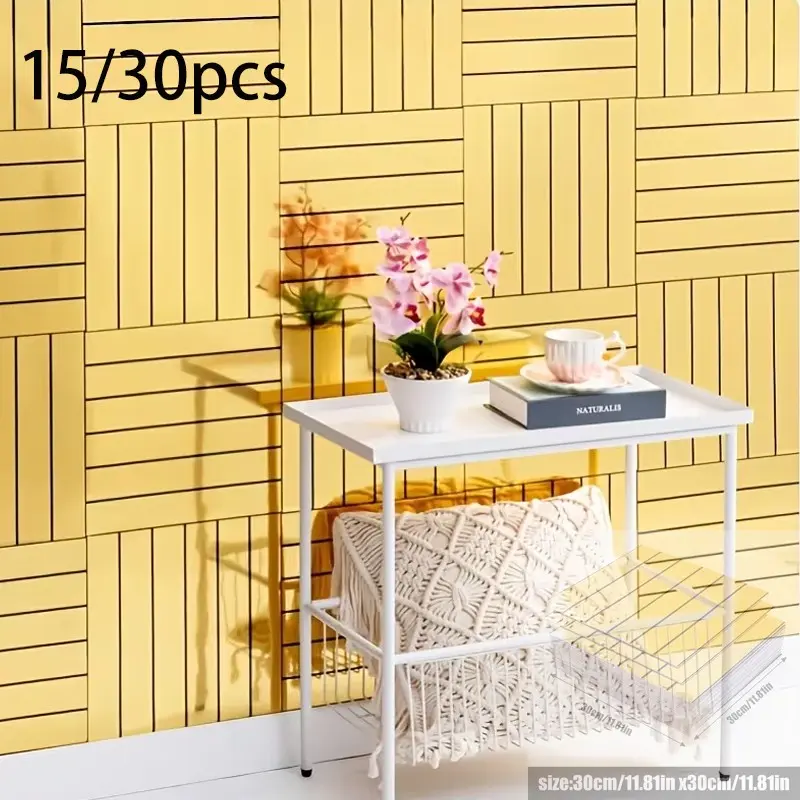 15/30pcs 3D Grid-Stripe Mirror-Effect Wall Tile Set, Modern Luxe Finish, Self-Adhesive for Easy Installation, Available in Gold & Silver, Living Room Wall Decor