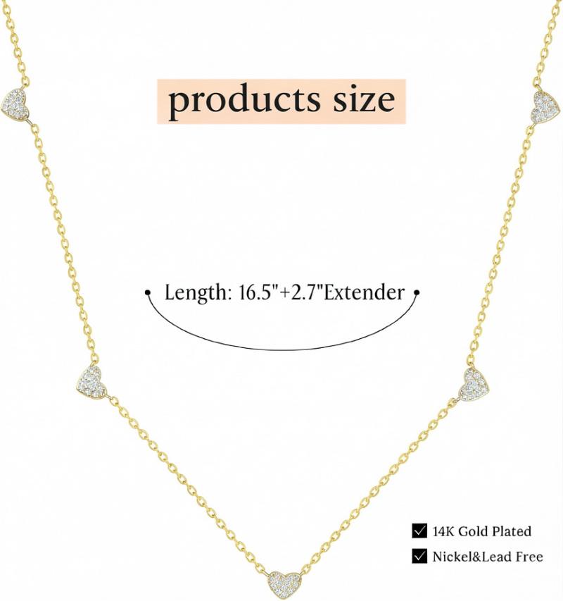 Dainty Heart Station Necklace for Women, 18K Gold Plated CZ Heart Chain Necklace, Minimalist Collarbone Jewelry Gift for Her