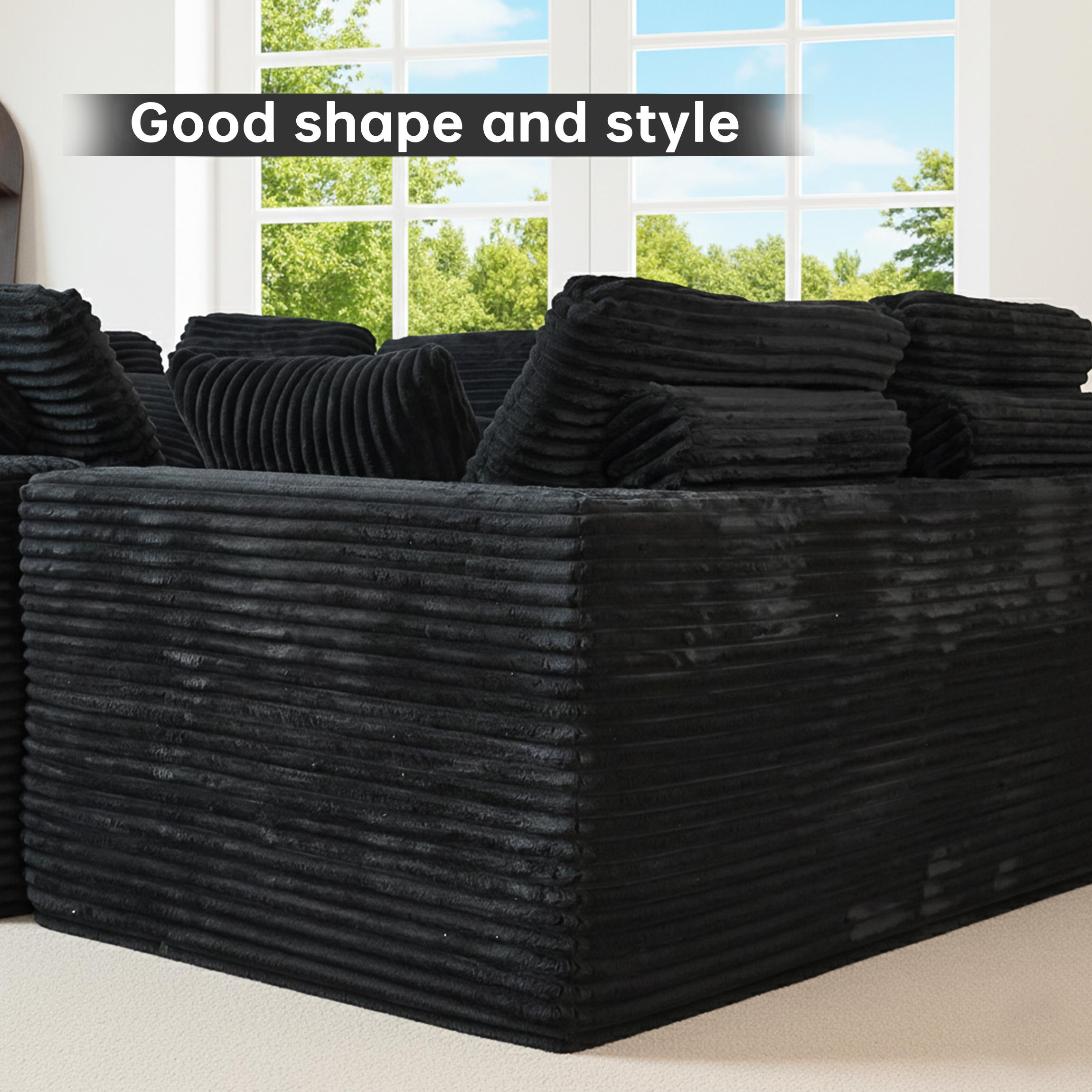 135.5-inch Modular U-Shaped Sectional Sofa, 6-Seater Chaise Lounge with Reversible Design, Striped Corduroy Fabric in Black – Living Room or Bedroom Couch, Freely Configurable Layout.